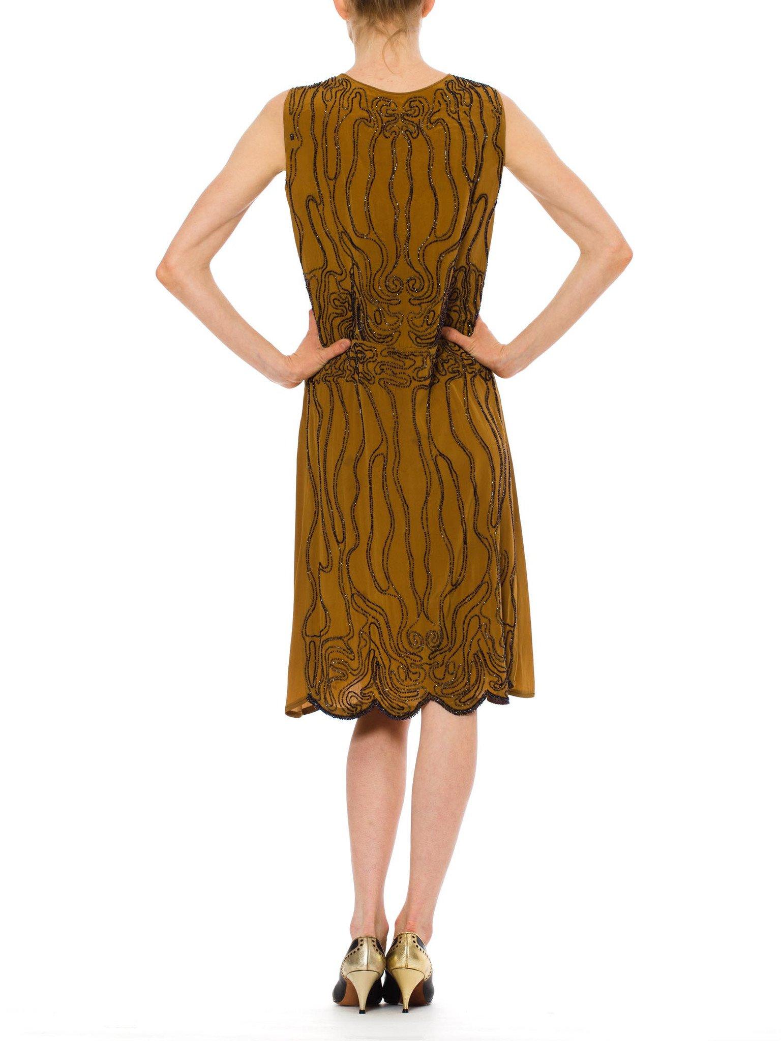 Women's 1920S Caramel Brown Beaded Silk Crepe De Chine  Cocktail Dress As-Is For Desi For Sale