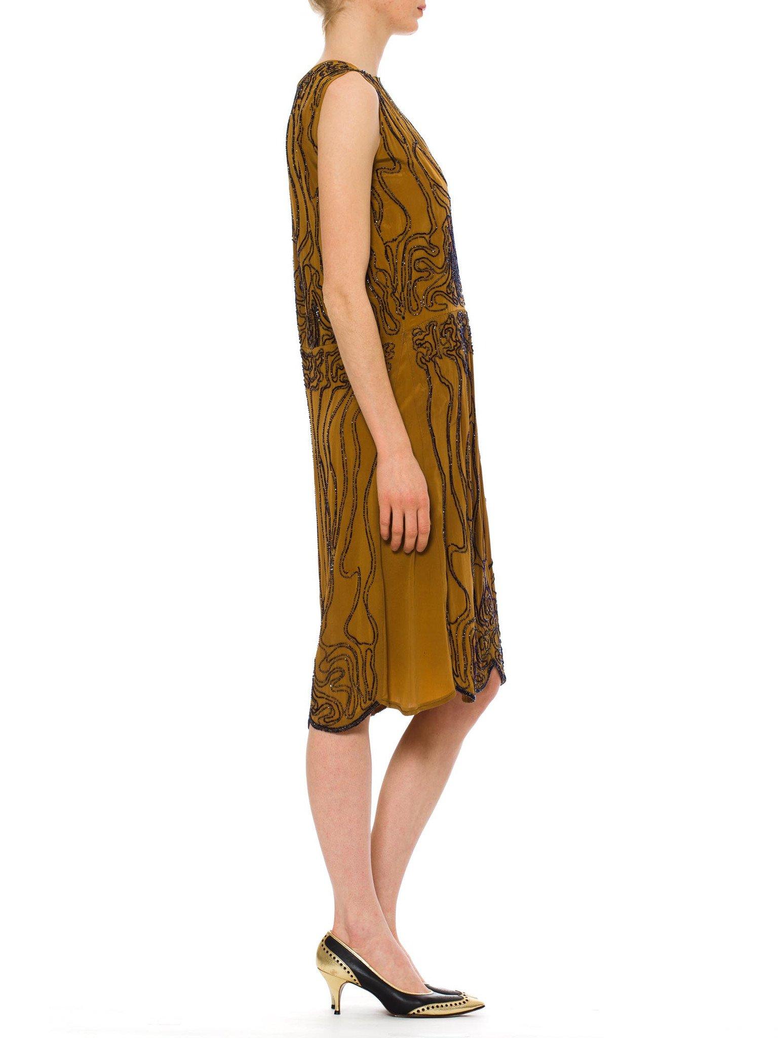 1920S Caramel Brown Beaded Silk Crepe De Chine  Cocktail Dress As-Is For Desi For Sale 1