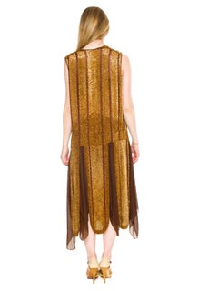 1920S Caramel Brown Silk Burnout Velvet  & Chiffon Beaded Flapper Cocktail Dress