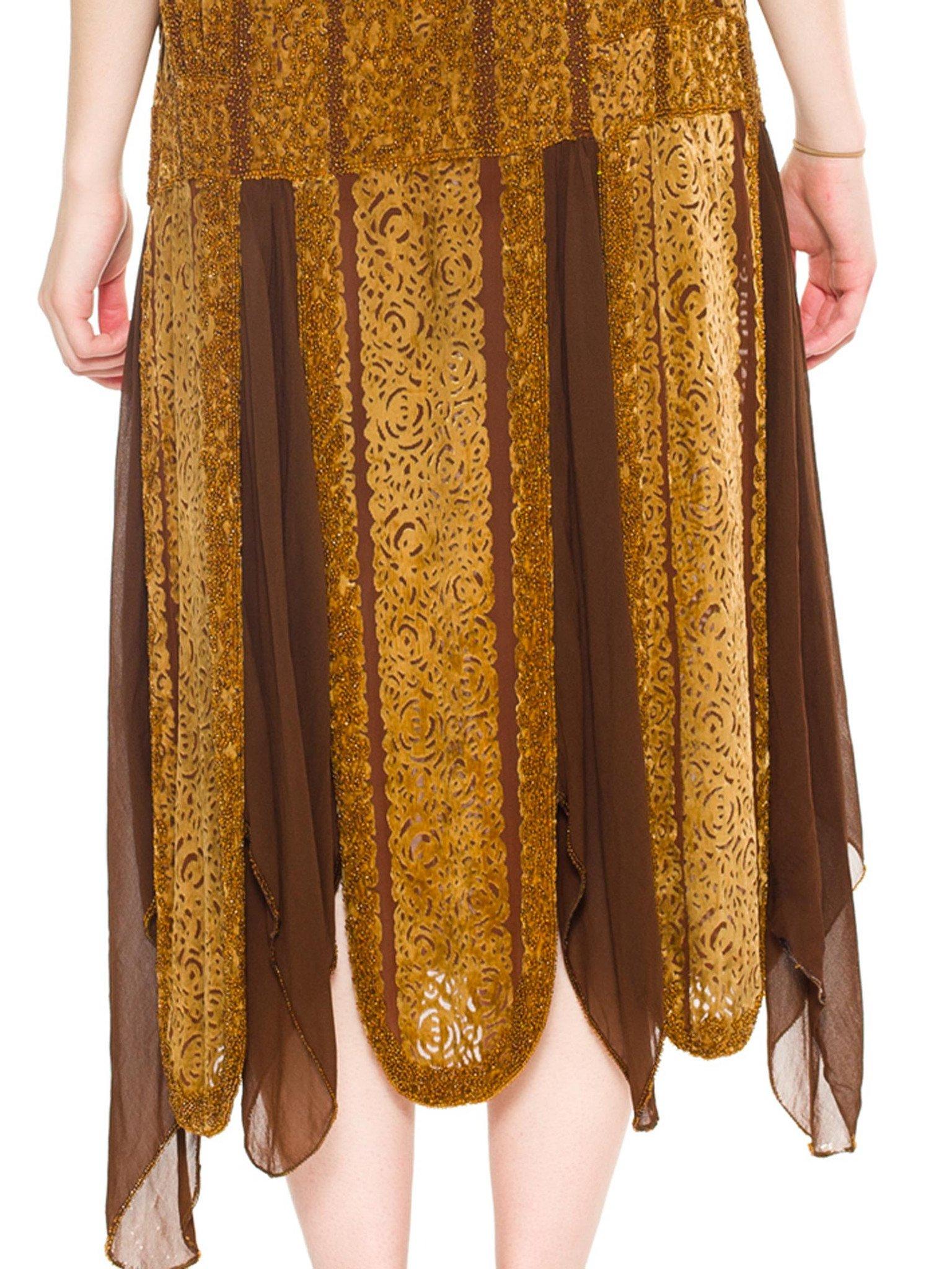 1920S Caramel Brown Silk Burnout Velvet  & Chiffon Beaded Flapper Cocktail Dress In Excellent Condition For Sale In New York, NY