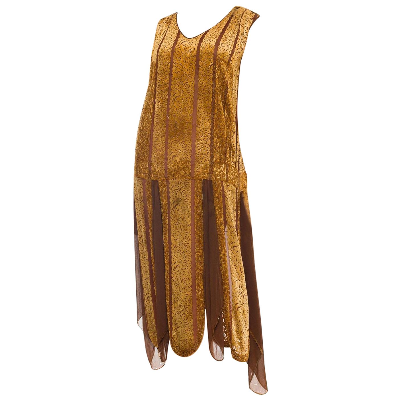 1920S Caramel Brown Silk Burnout Velvet  & Chiffon Beaded Flapper Cocktail Dress