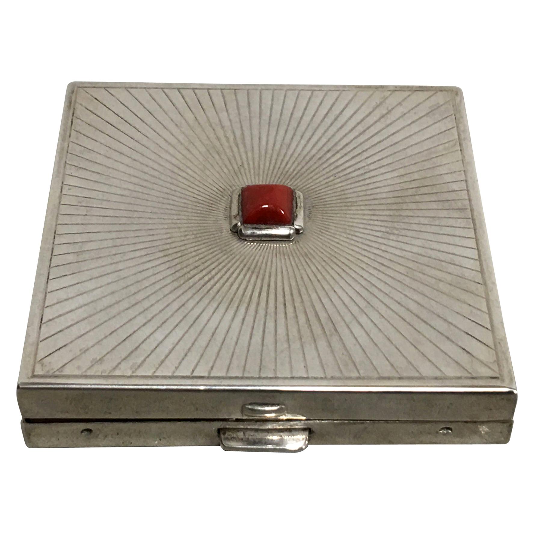 1920s Cartier Sterling Silver Compact with Carnelian Gem Inset