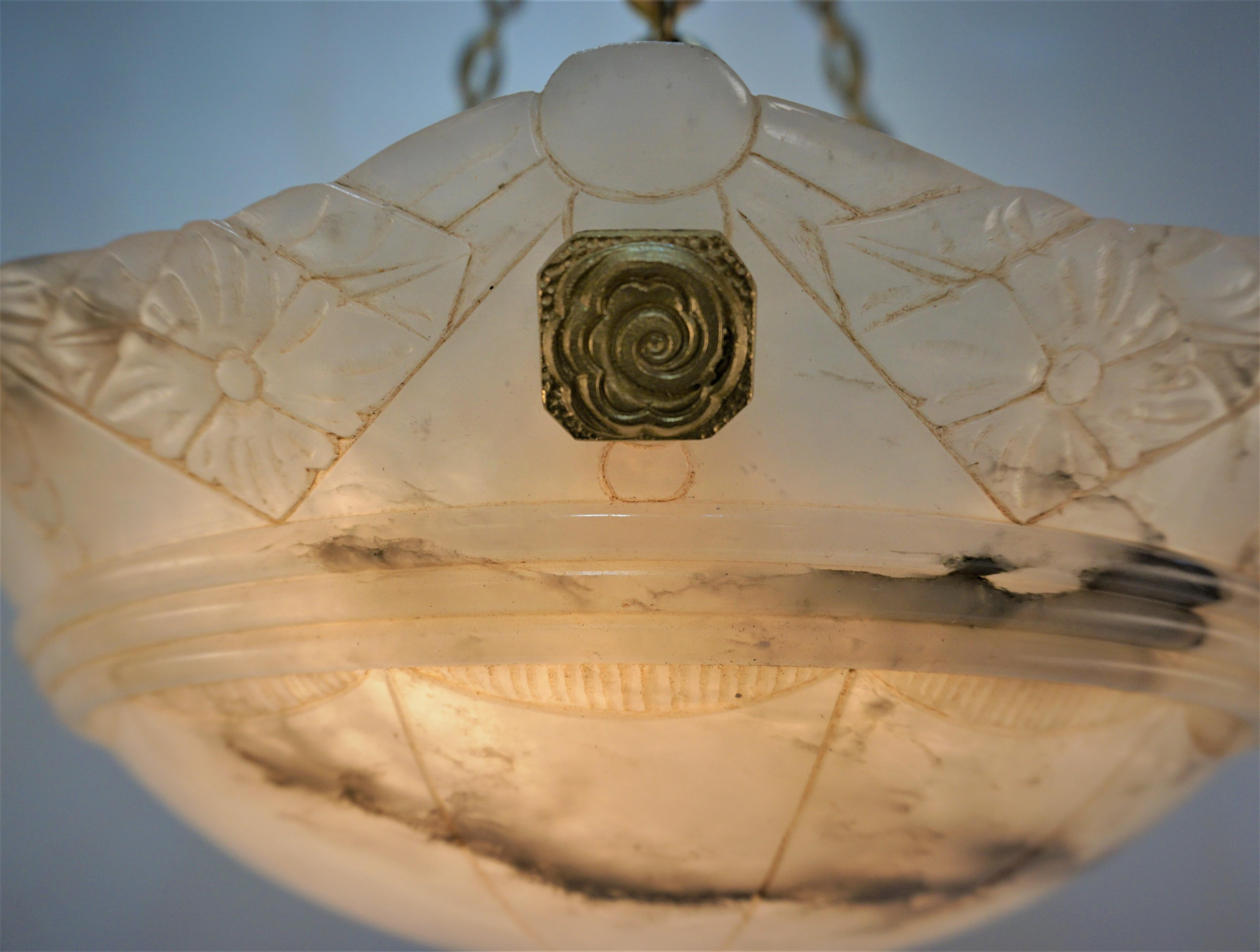 1920's Carved Alabaster and Bronze Chandelier In Good Condition For Sale In Fairfax, VA