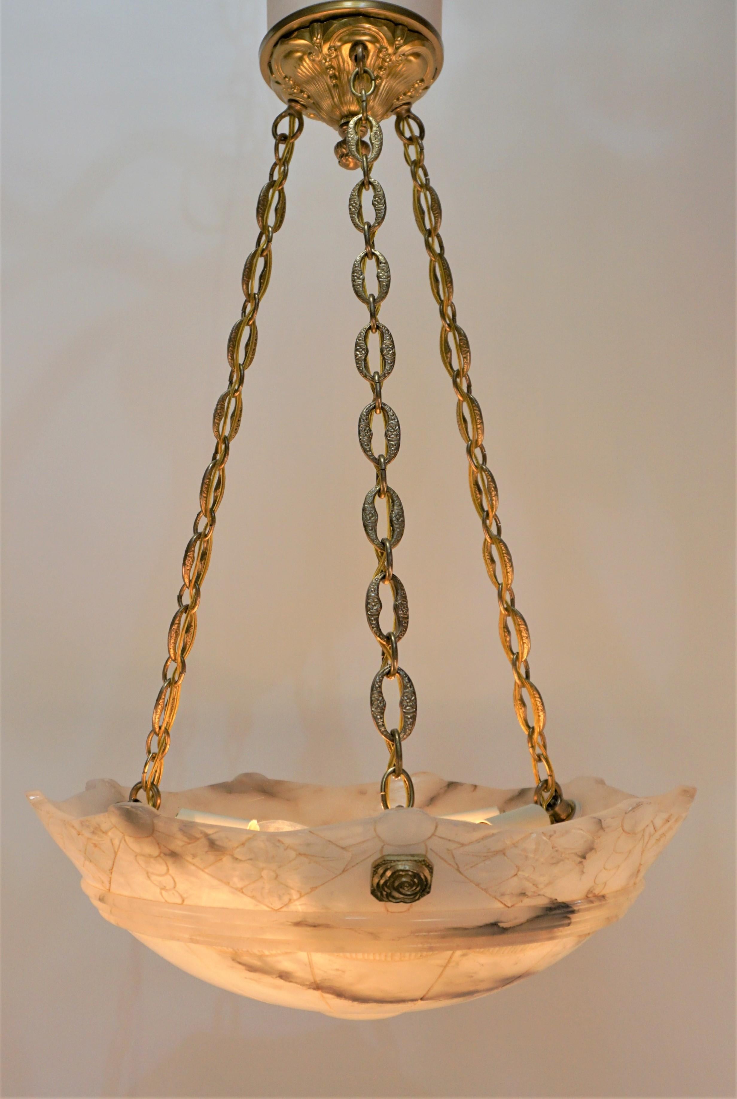 Early 20th Century 1920's Carved Alabaster and Bronze Chandelier For Sale