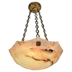 Antique 1920's Carved Alabaster and Bronze Chandelier