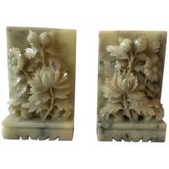 Antique 1920s Carved  Alabaster Floral Bookends