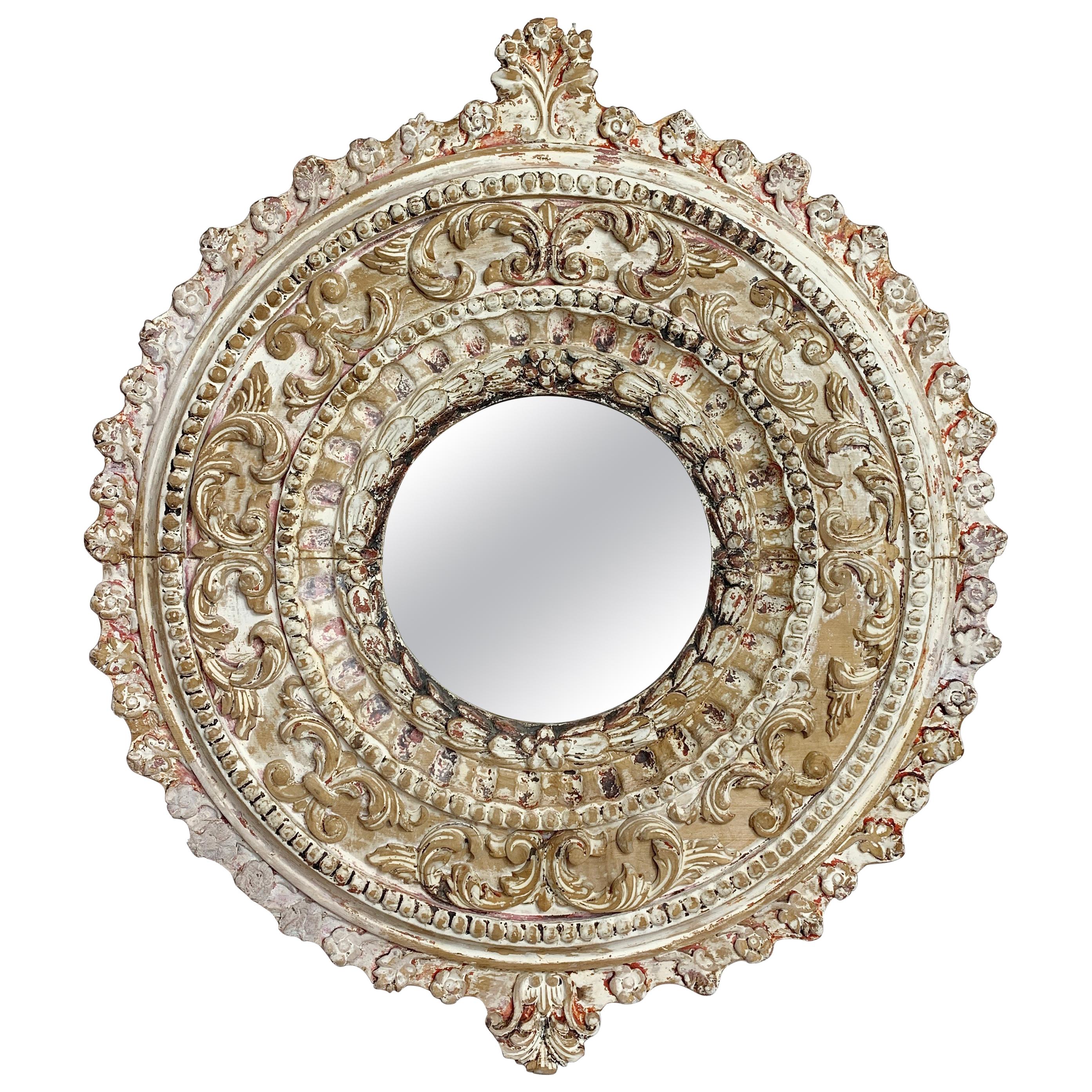 1920's Carved Italian Circular Wooden Mirror