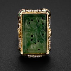 1920's Carved Jade Ring with Natural Pearls & Enameling Certified Untreated