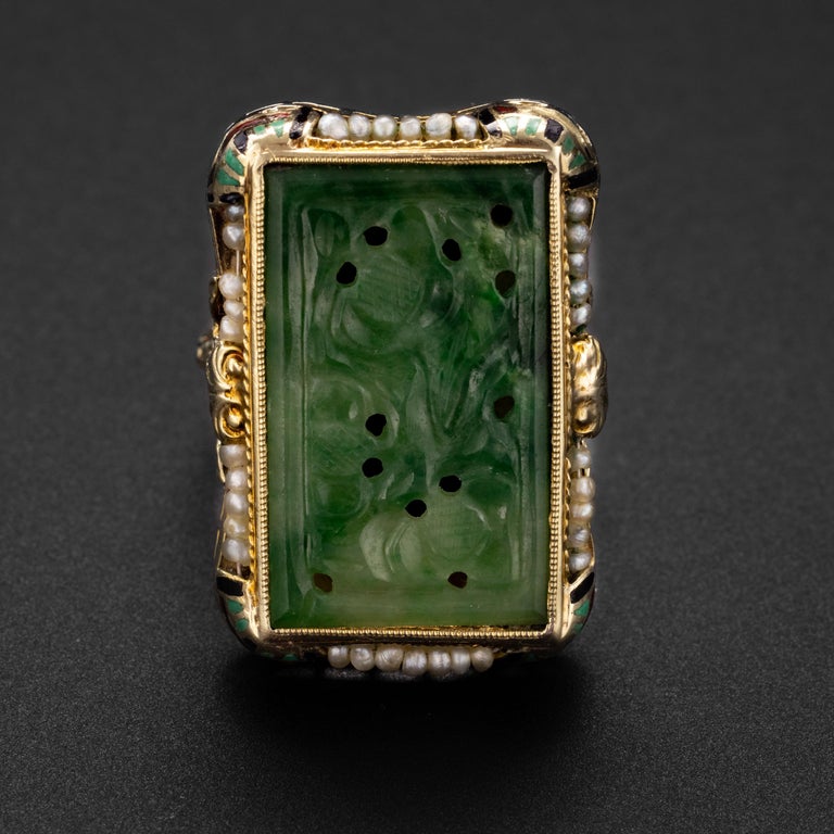 1920's Carved Jade Ring with Natural Pearls and Enameling Certified ...