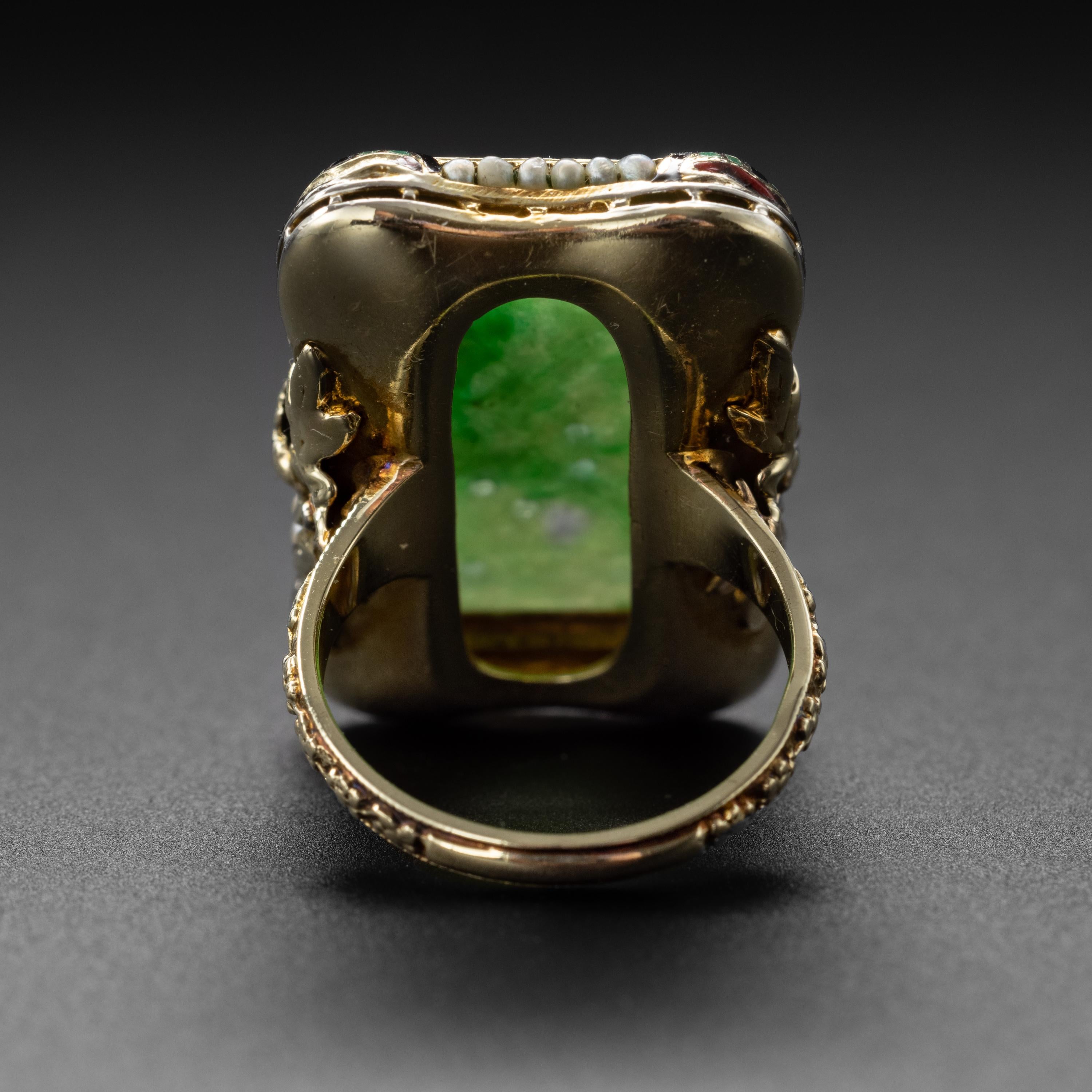 Art Deco 1920's Carved Jade Ring with Natural Pearls & Enameling Certified Untreated