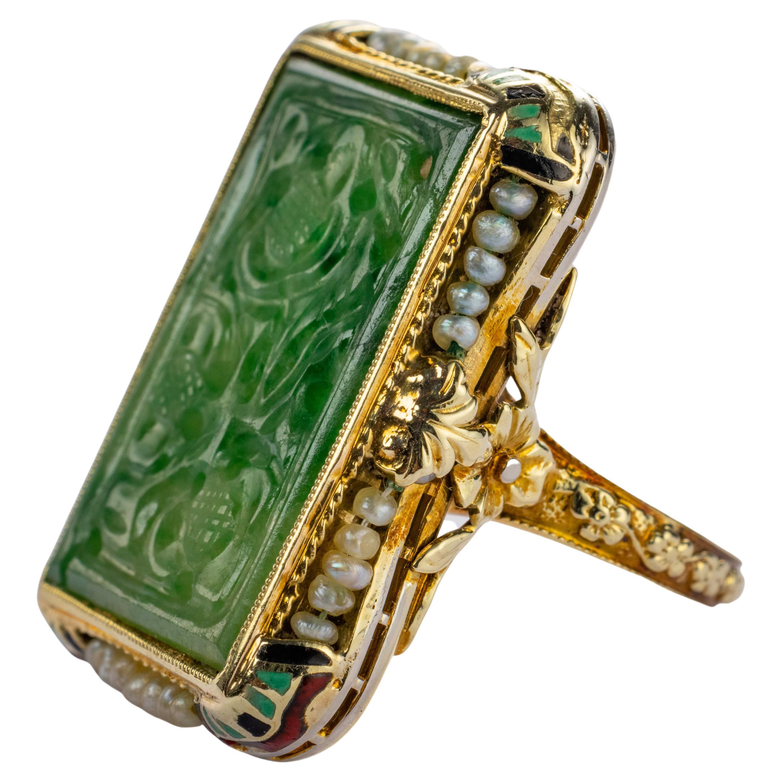 1920's Carved Jade Ring with Natural Pearls & Enameling Certified Untreated