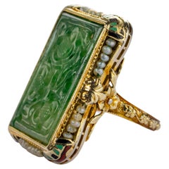 Antique 1920's Carved Jade Ring with Natural Pearls & Enameling Certified Untreated