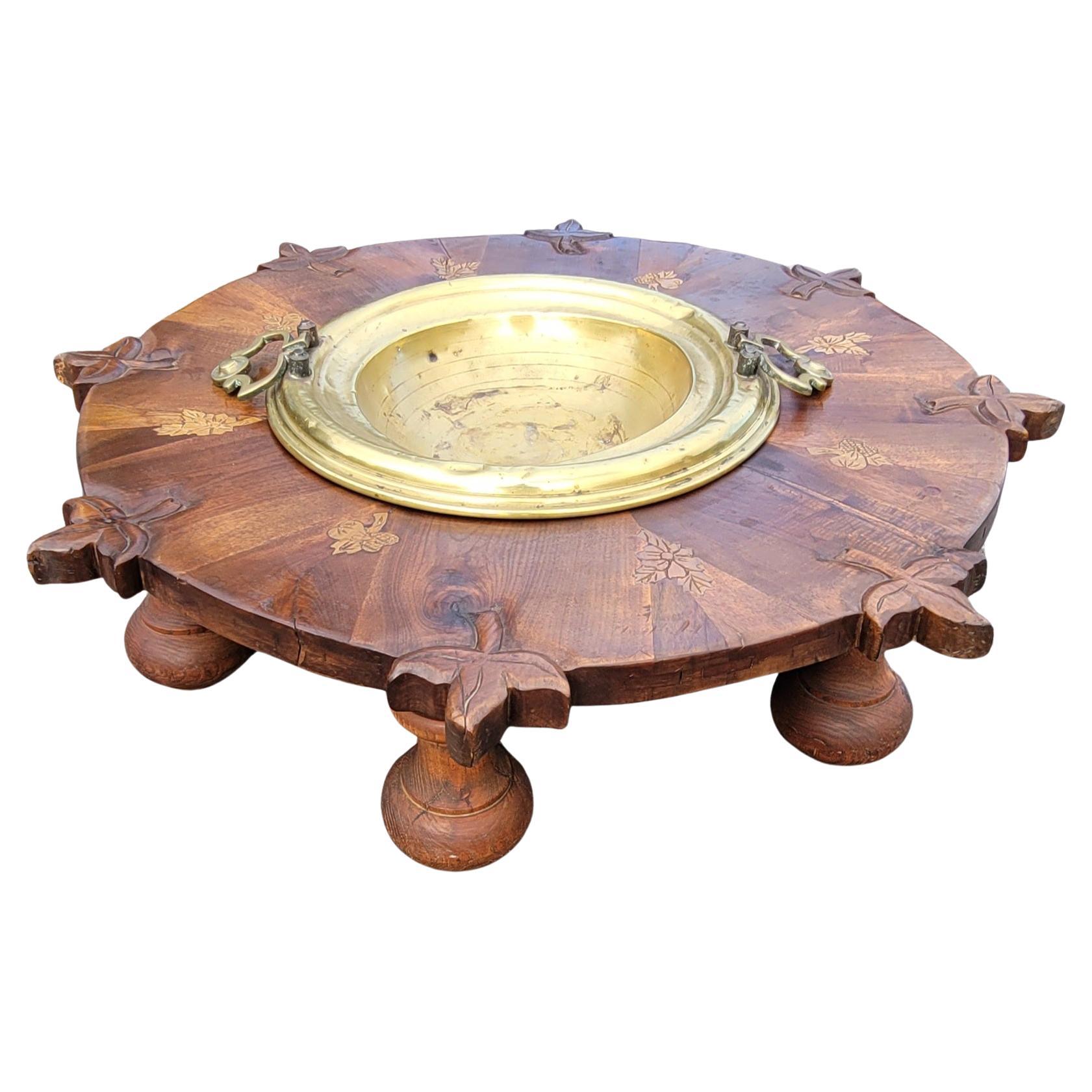 1920s, Carved Walnut and Inlays and Brass Inset Spanish "Brassero" Firepit Table For Sale