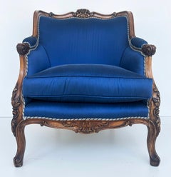 1920s Carved Walnut French Bergeres Armchairs Upholstered in Silk, a Pair