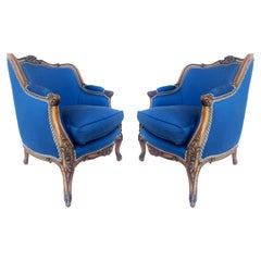 Used 1920s Carved Walnut French Bergeres Armchairs Upholstered in Silk, a Pair 
