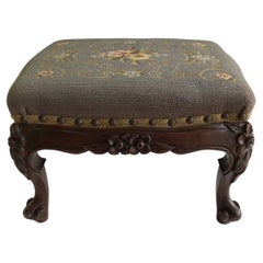 Antique 1920s Carved Wood and Needlepoint Footstool