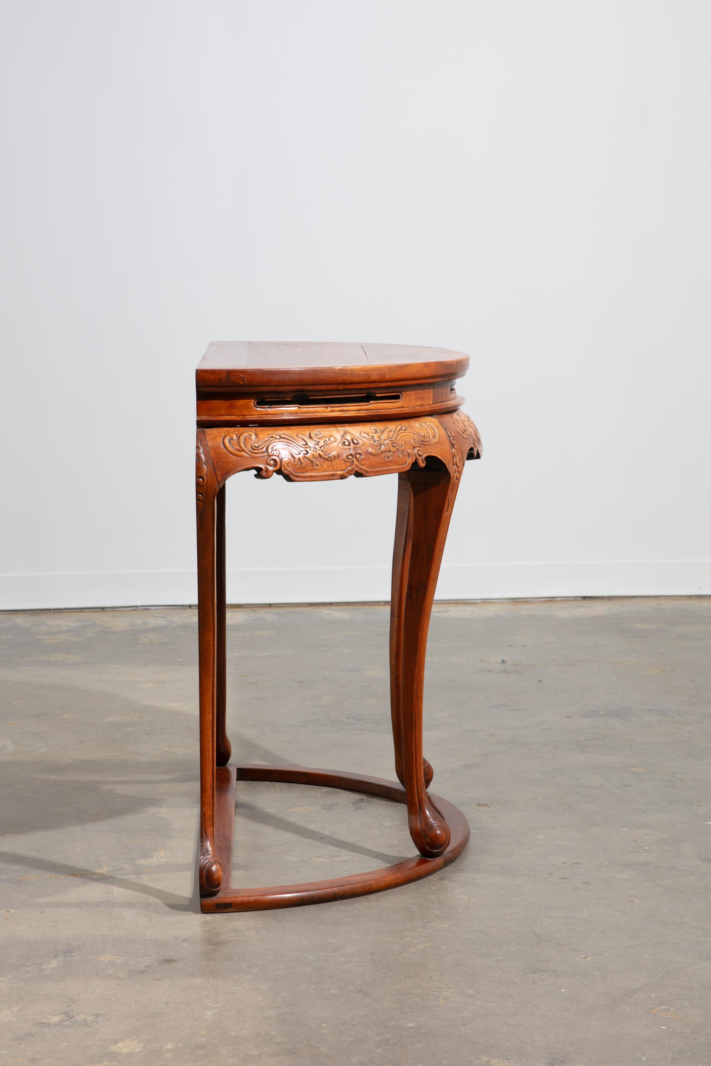 Early 20th Century 1920's Carved Wood Chinese Demi-lune/Console Table For Sale