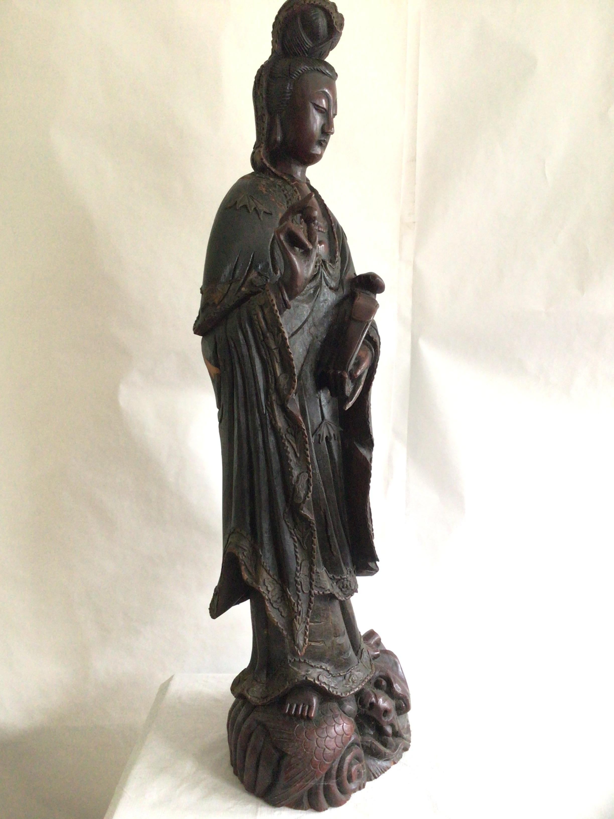 Hand-Carved 1920s Carved Wood Guanyin Statue For Sale