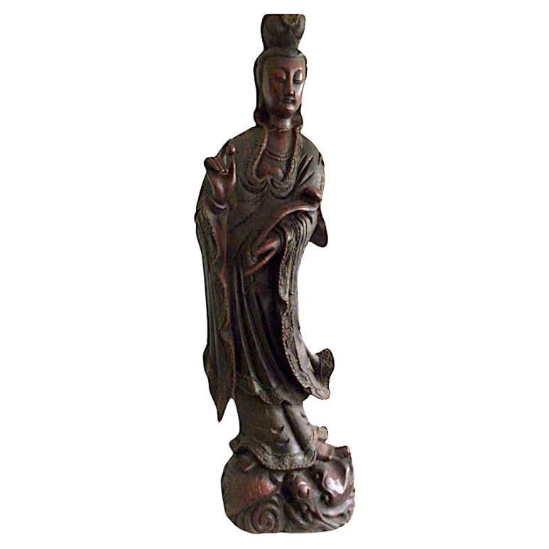 1920s Carved Wood Guanyin Statue For Sale