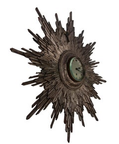 1920s Carved Wood Silver Leafed Sunburst Clock