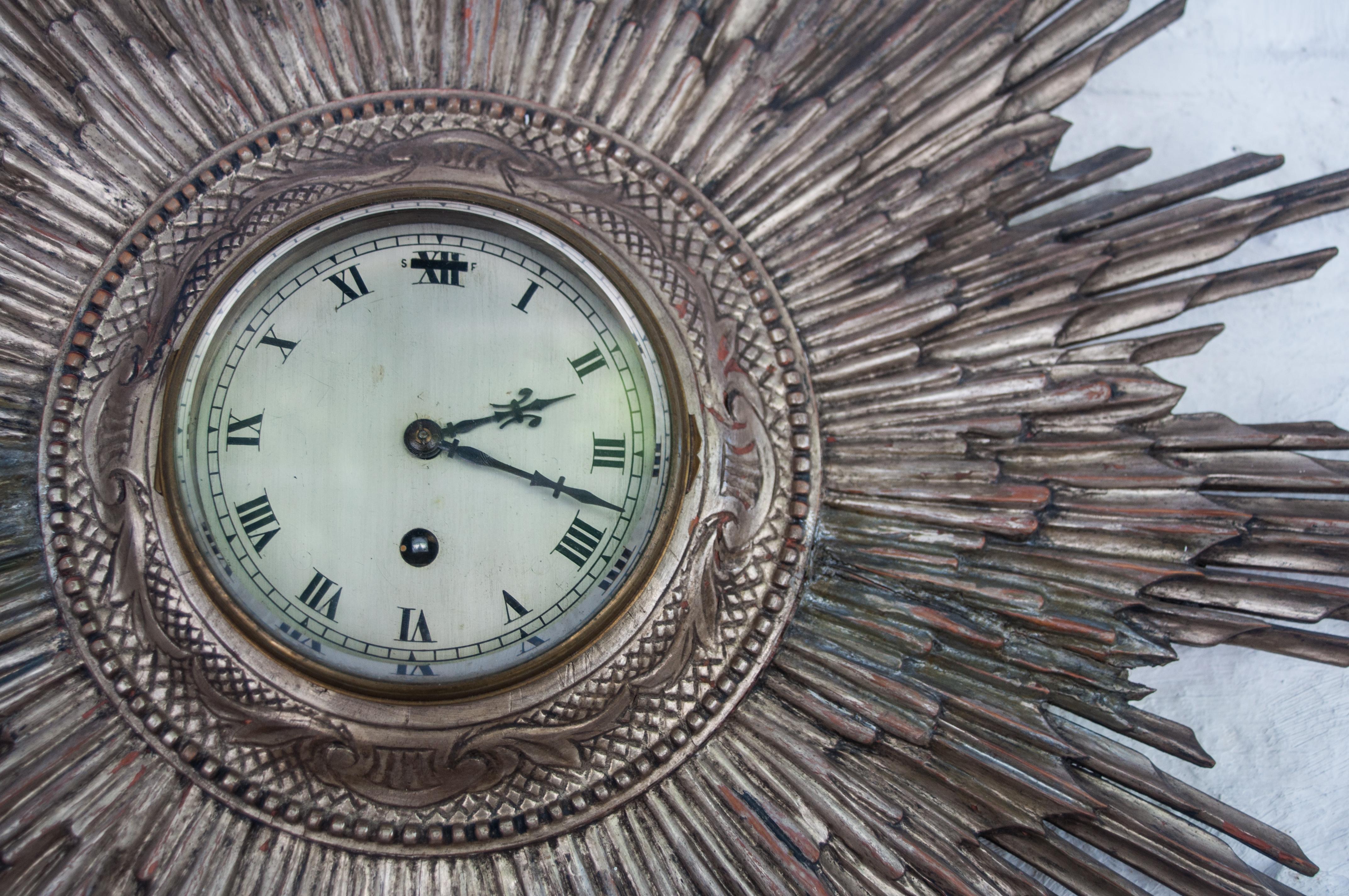Art Deco 1920s Carved Wood Silver Leafed Sunburst Clock