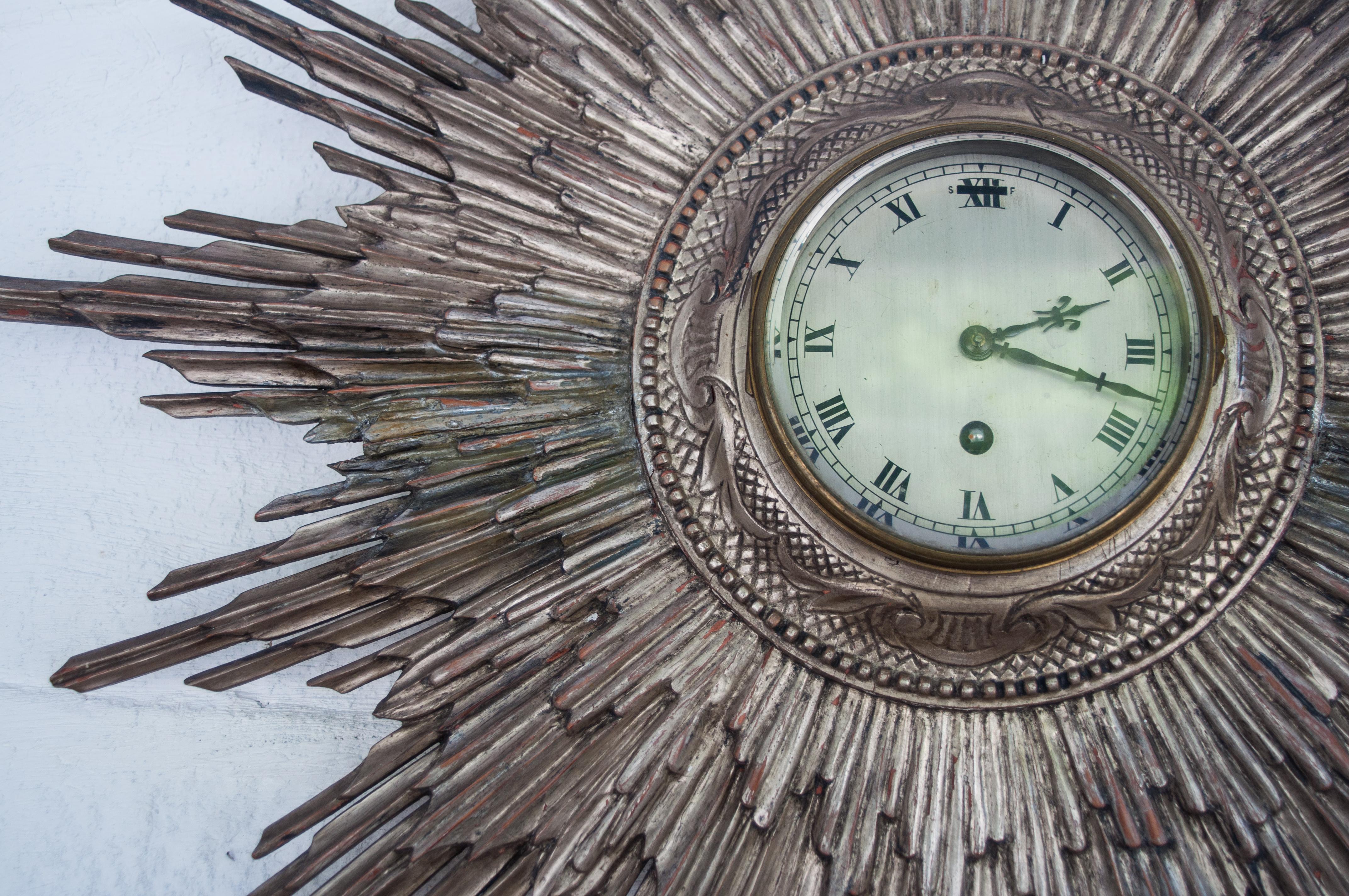 British 1920s Carved Wood Silver Leafed Sunburst Clock