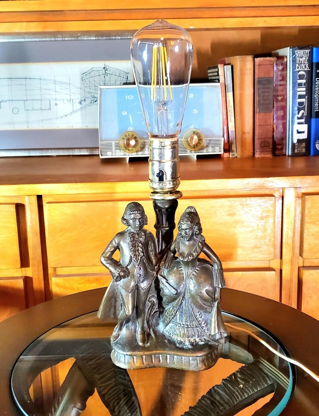 Absolut prächtige Vintage Authentic Japanese 'Victorian Couple' Boudoir Tischlampe.

Der Lampensockel wurde in Kanada 1920 - 1930 von Leviton 250W250V auf dem Gehäuse hergestellt. Drehknopf/Flat Paddle (alter Stil) ANTIQUE. Messinggehäuse mit