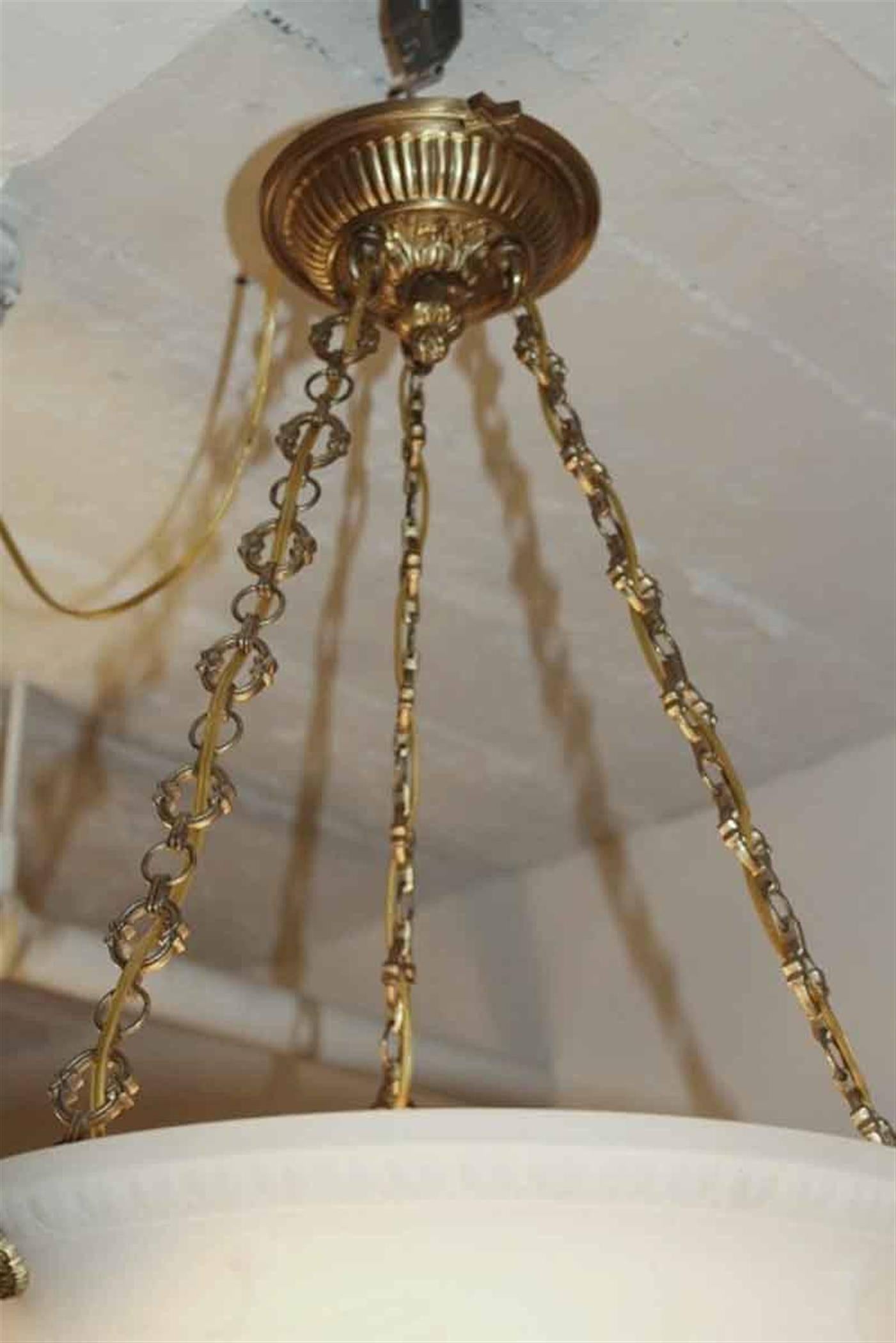 1920s Cast Glass Dish Light with Urn and Swag Motif Brass Canopy and Chain In Excellent Condition In New York, NY