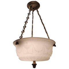 1920s Cast Glass Dish Light with Urn and Swag Motif Brass Canopy and Chain