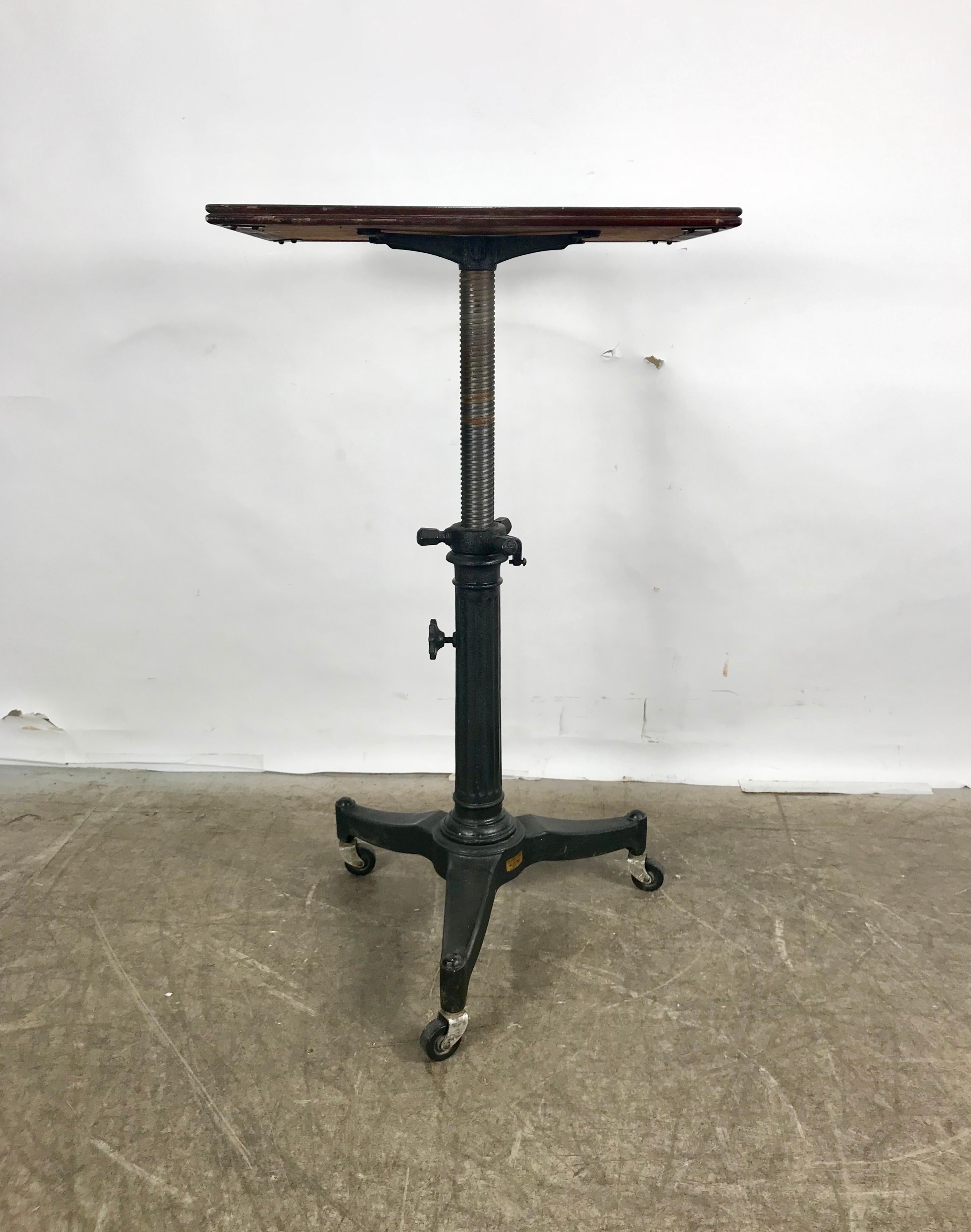 American 1920s Cast Iron and Wood Industrial Adjustable Table by Karl Manufacturing Co.