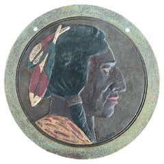 1920's Cast Iron Native American Side Profile Plaque In Original Paint