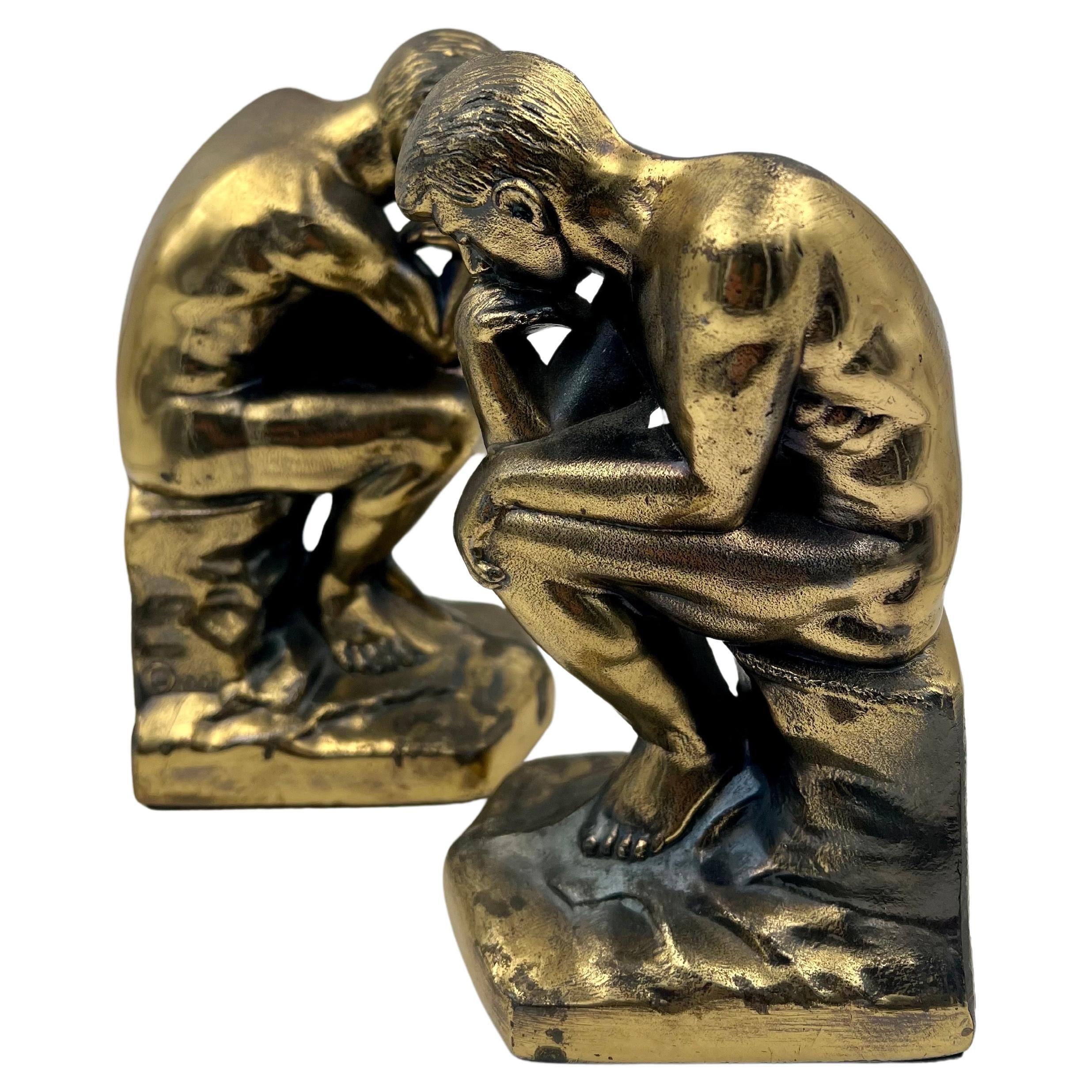 Romantic 1920s Cast Metal the Thinker Pair of Bookends After Rodin Sculpture