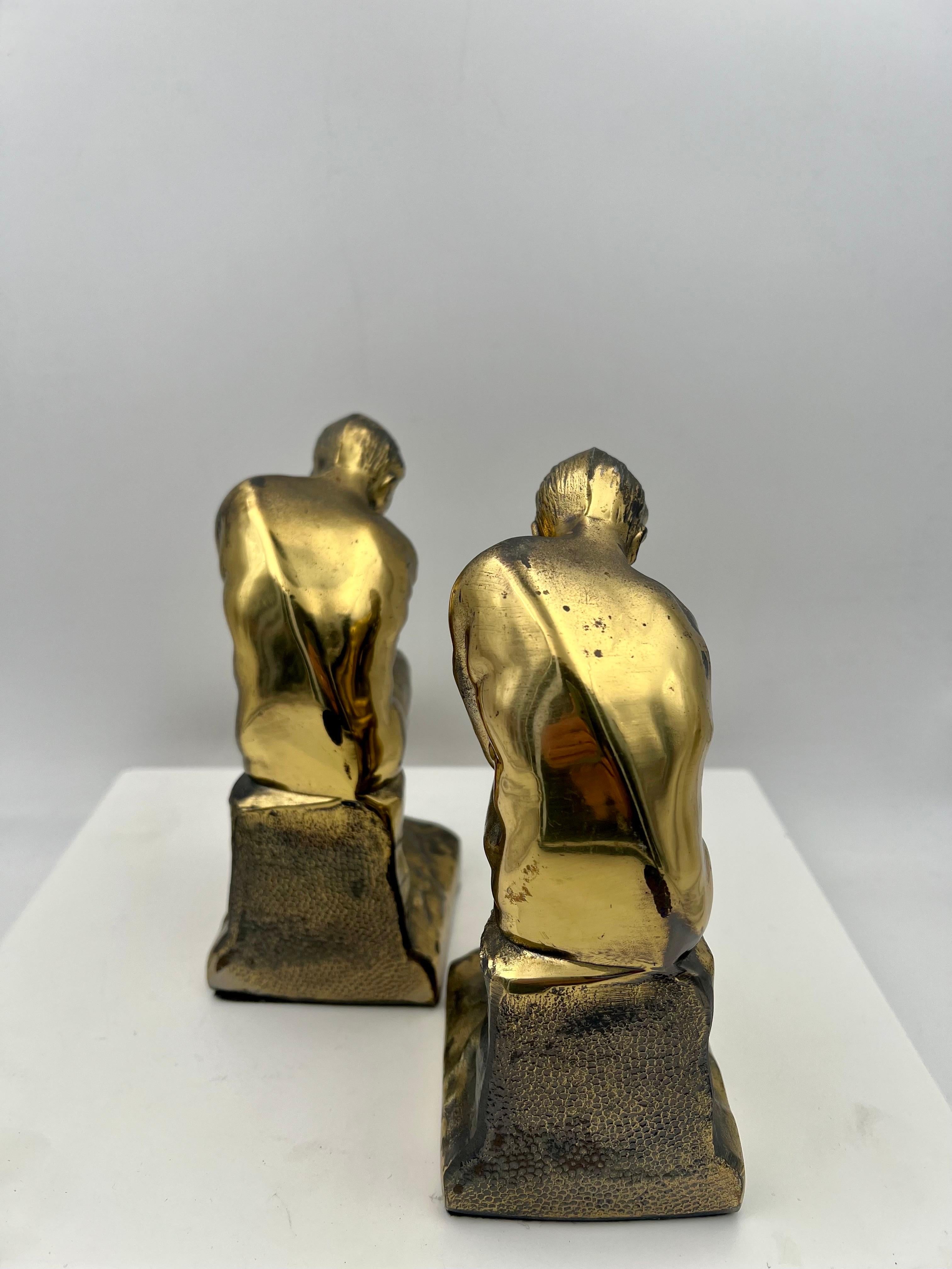 American 1920s Cast Metal the Thinker Pair of Bookends After Rodin Sculpture