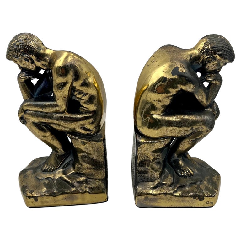 1920's Cast Metal The Thinker Pair of Bookends after Rodin Sculpture