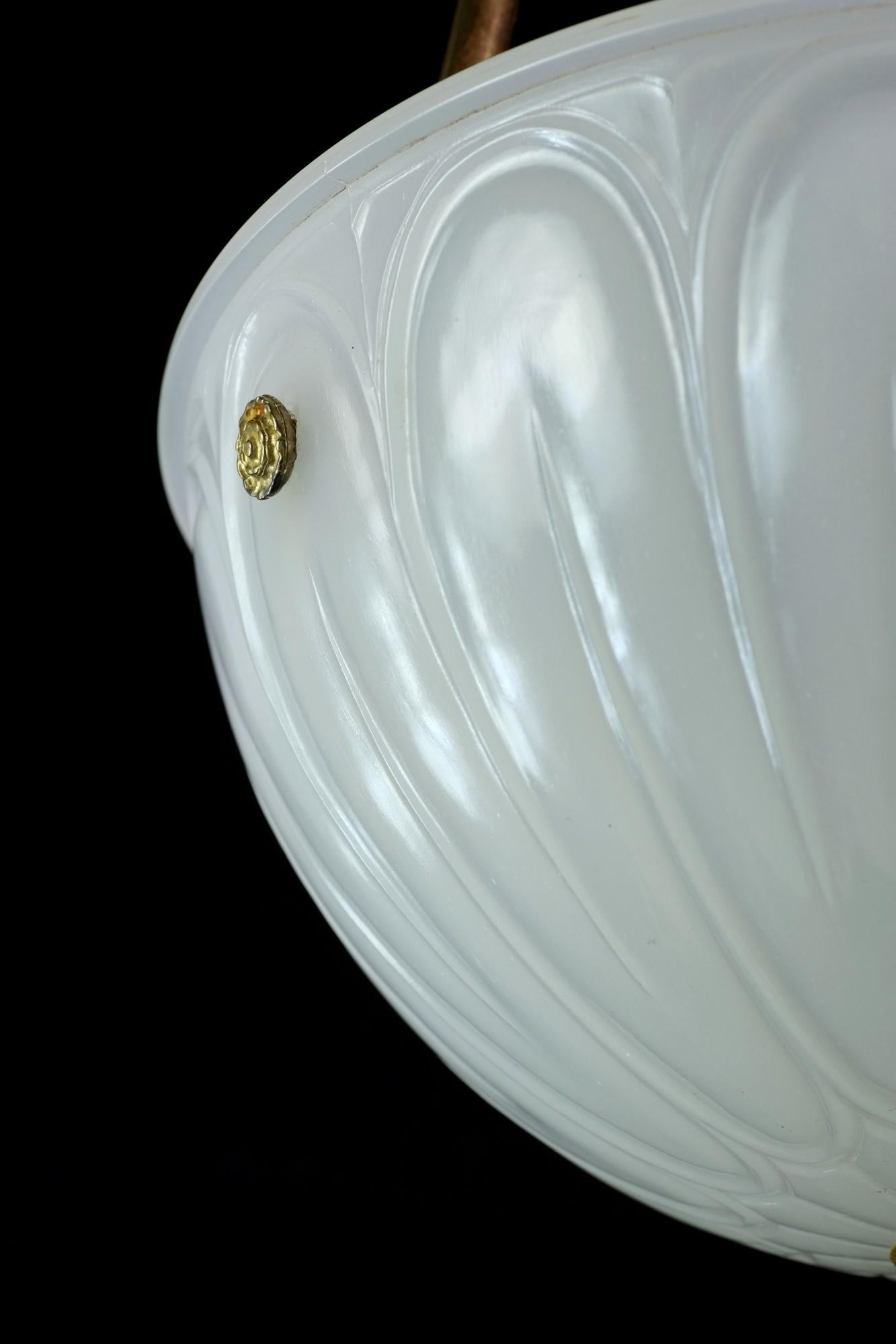 American 1920s Cast Milk Glass Dish Pendant Light Brass Hardware
