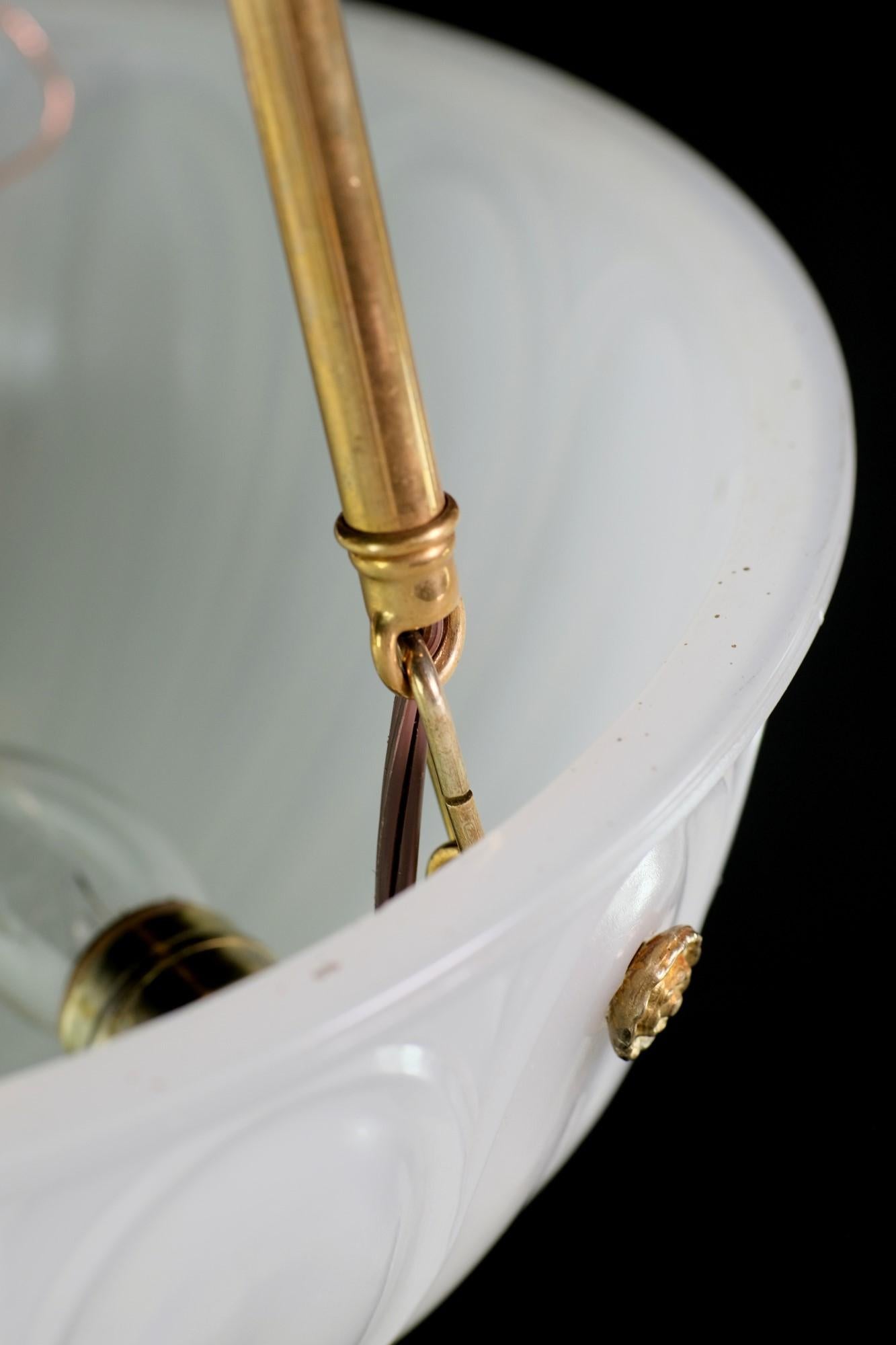 1920s Cast Milk Glass Dish Pendant Light Brass Hardware 2