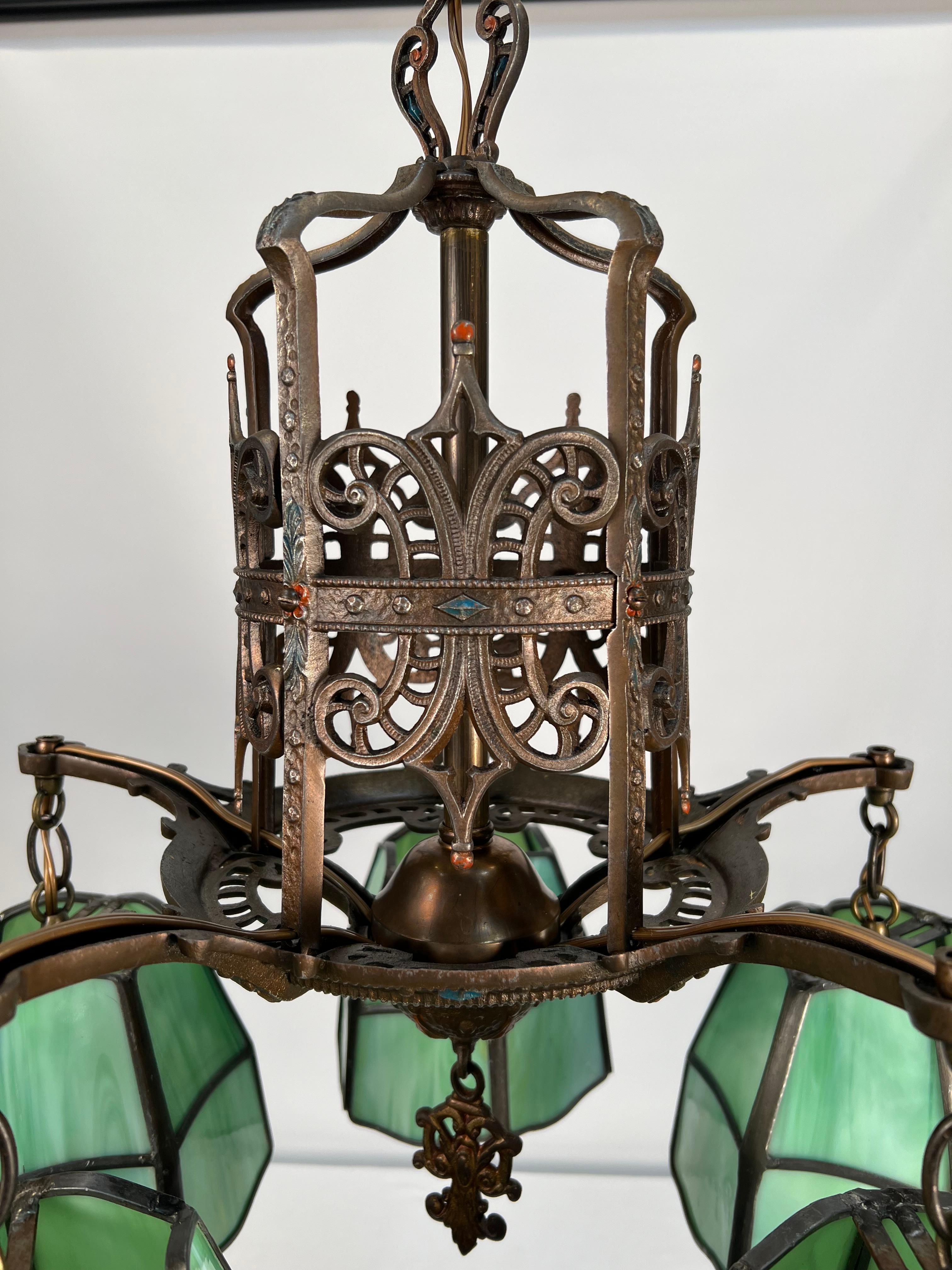 American Craftsman 1920s Cast Mixed Metal Green Slag Glass Shade Chandelier