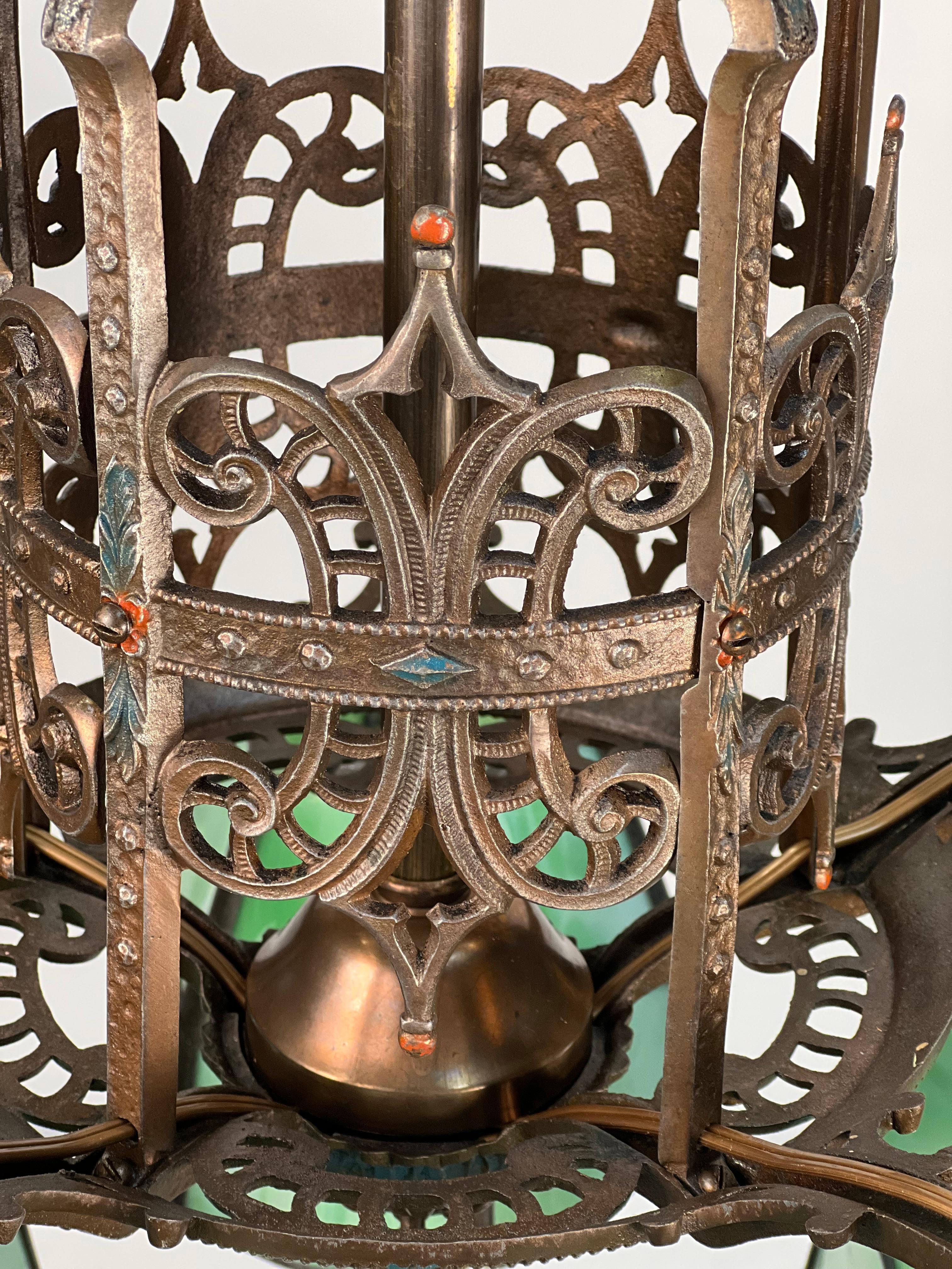 American 1920s Cast Mixed Metal Green Slag Glass Shade Chandelier