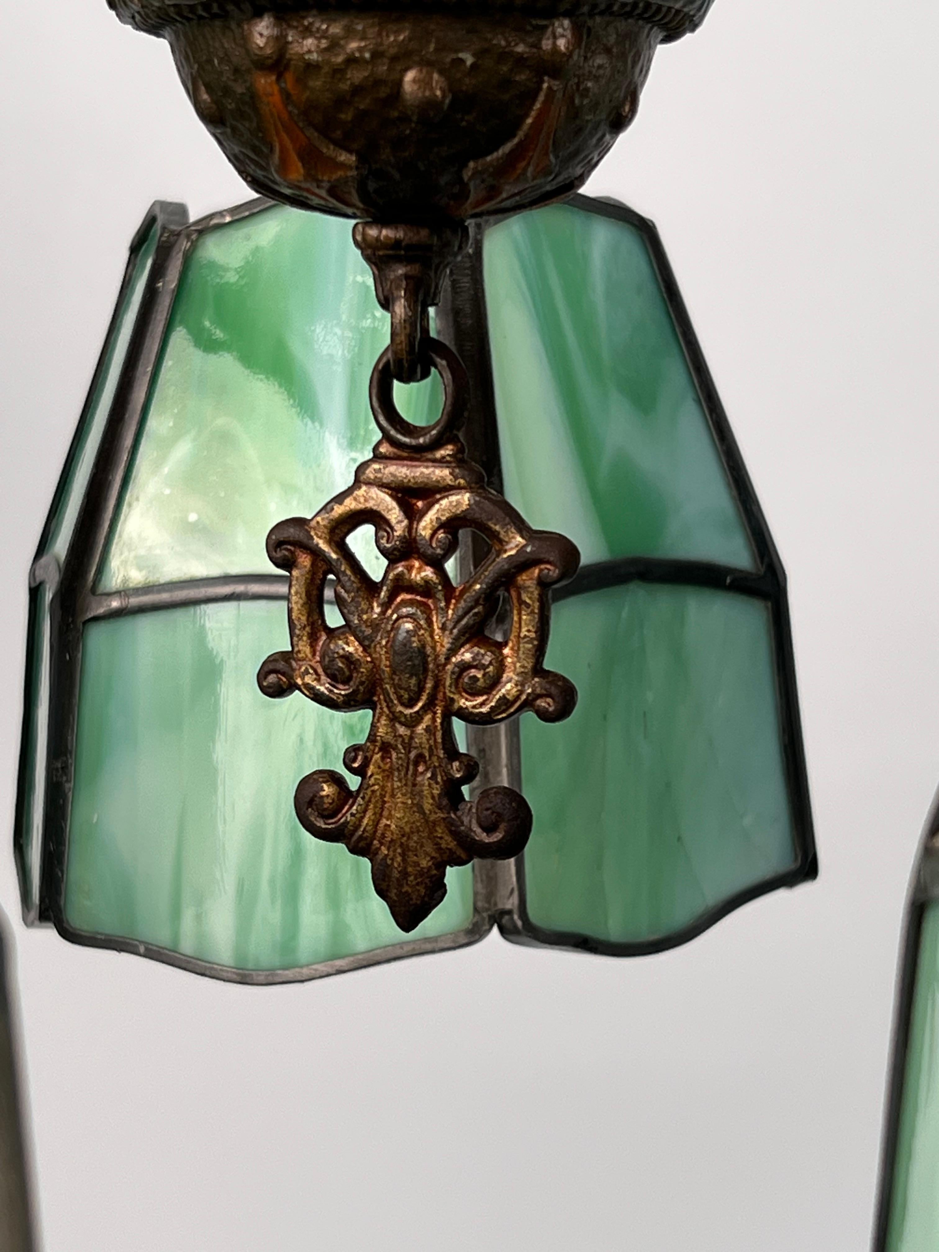 1920s Cast Mixed Metal Green Slag Glass Shade Chandelier In Good Condition In Denver, CO
