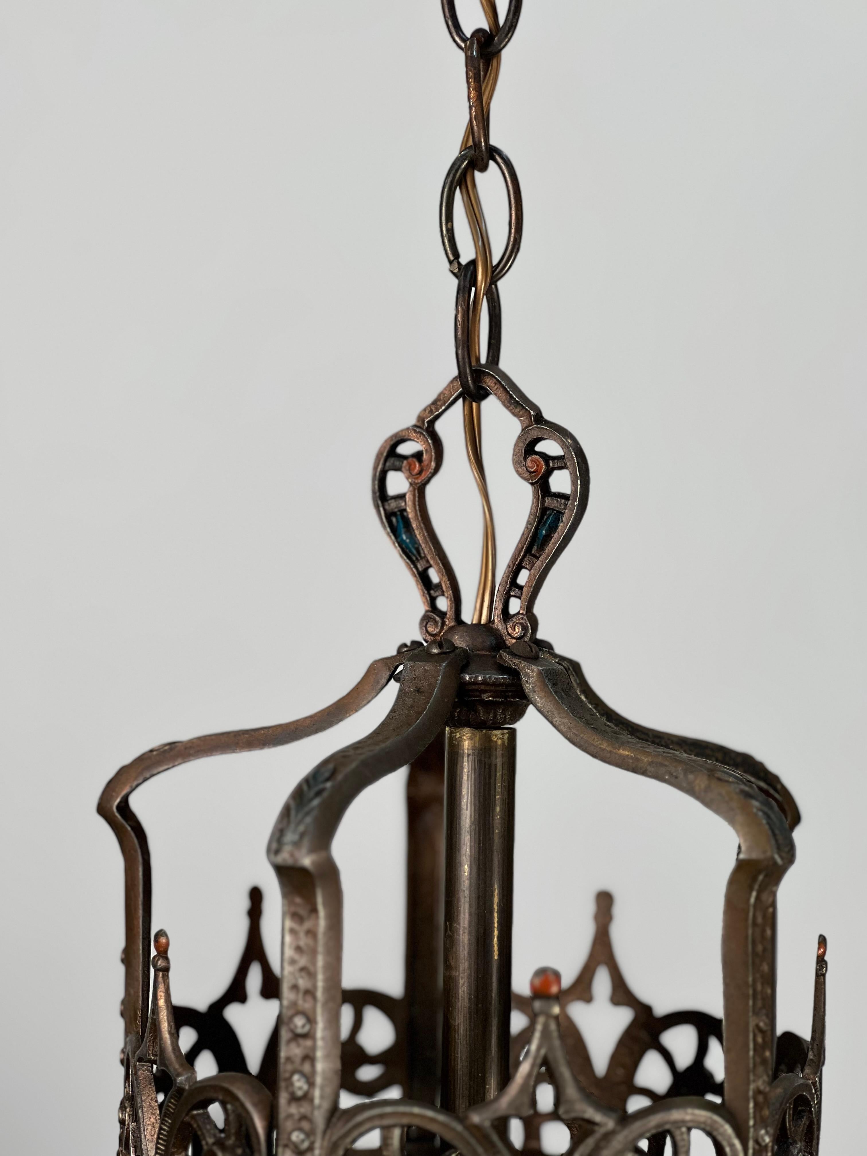 Brass 1920s Cast Mixed Metal Green Slag Glass Shade Chandelier