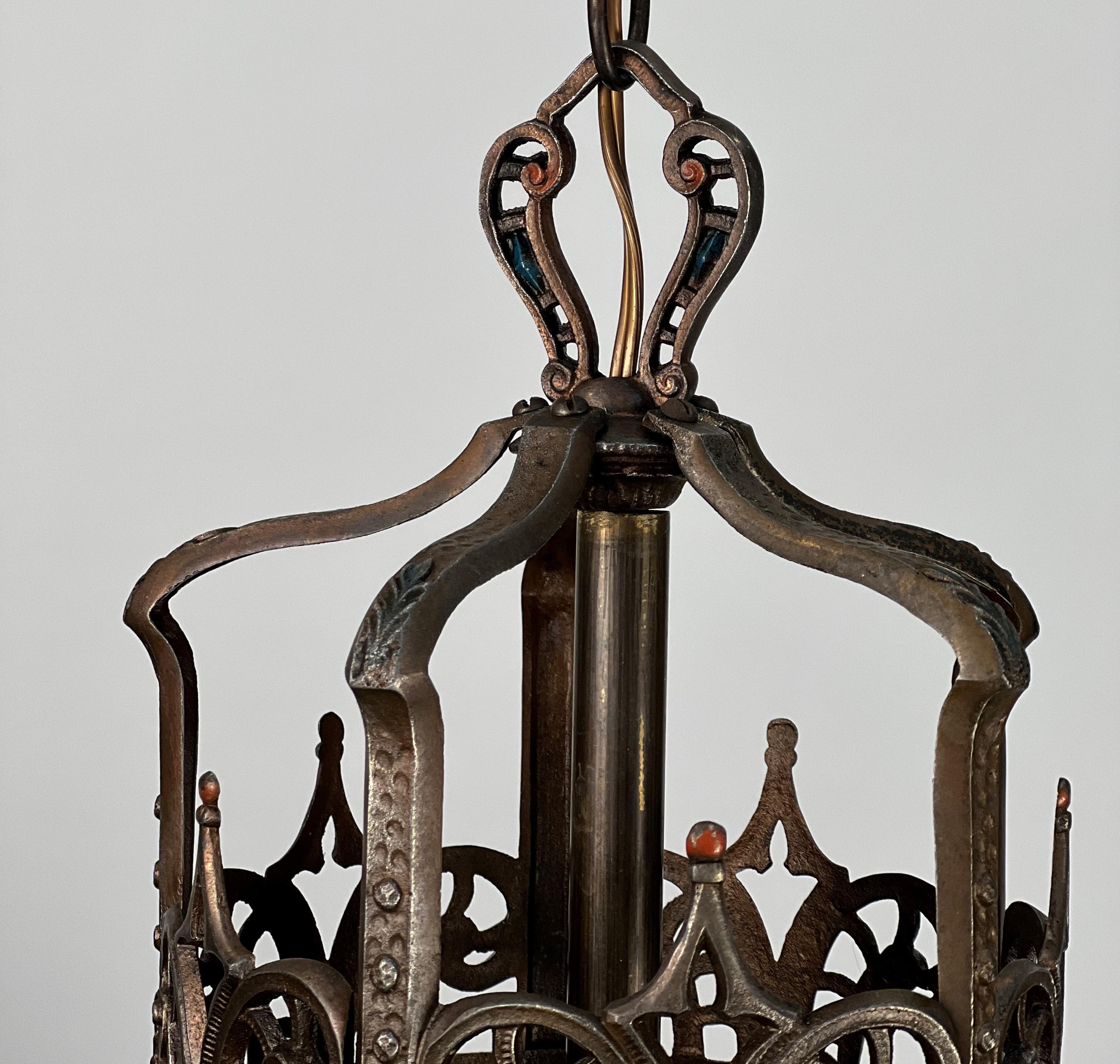1920s Cast Mixed Metal Green Slag Glass Shade Chandelier 1