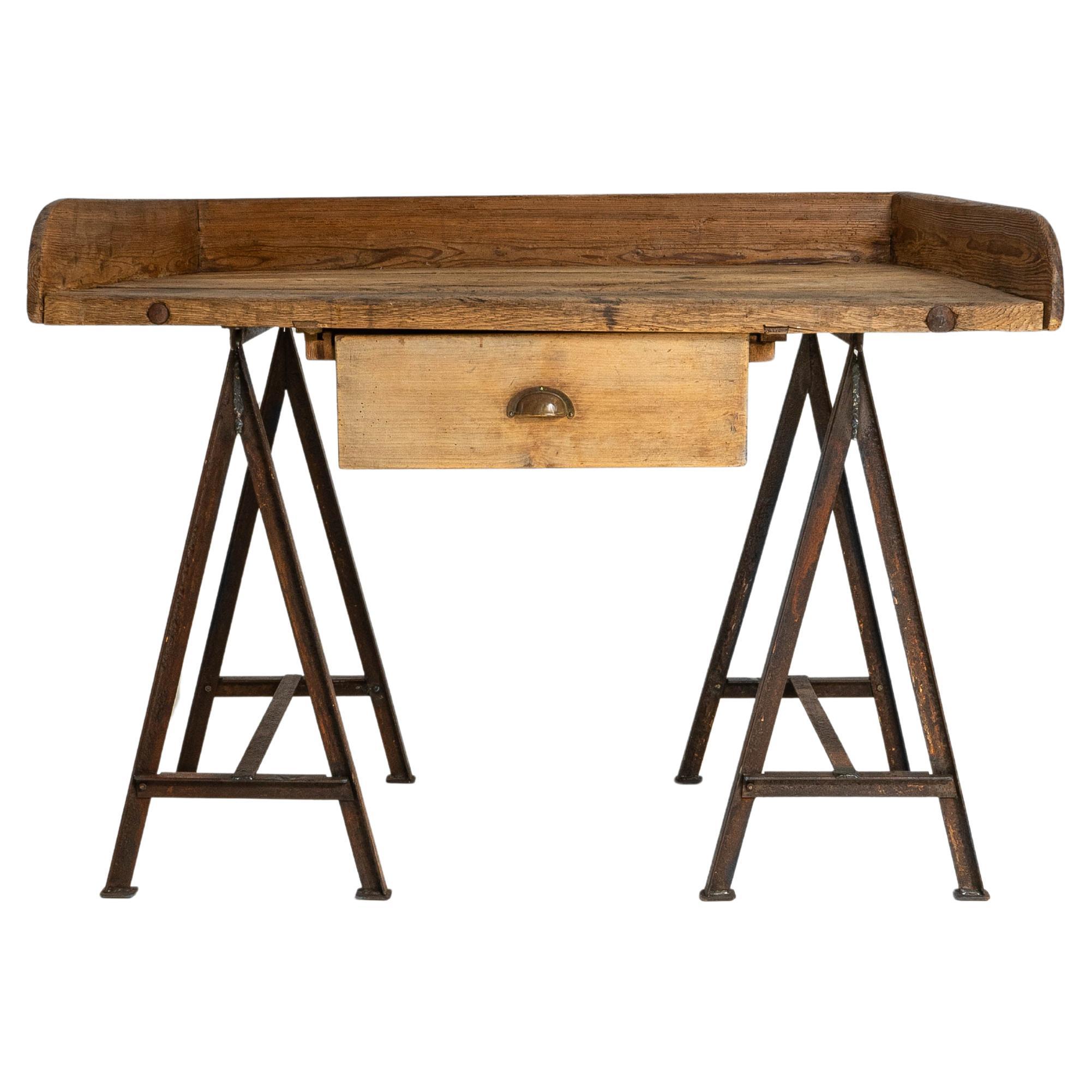 1920s Central European Industrial Wooden Work Table on Metal Sawhorses