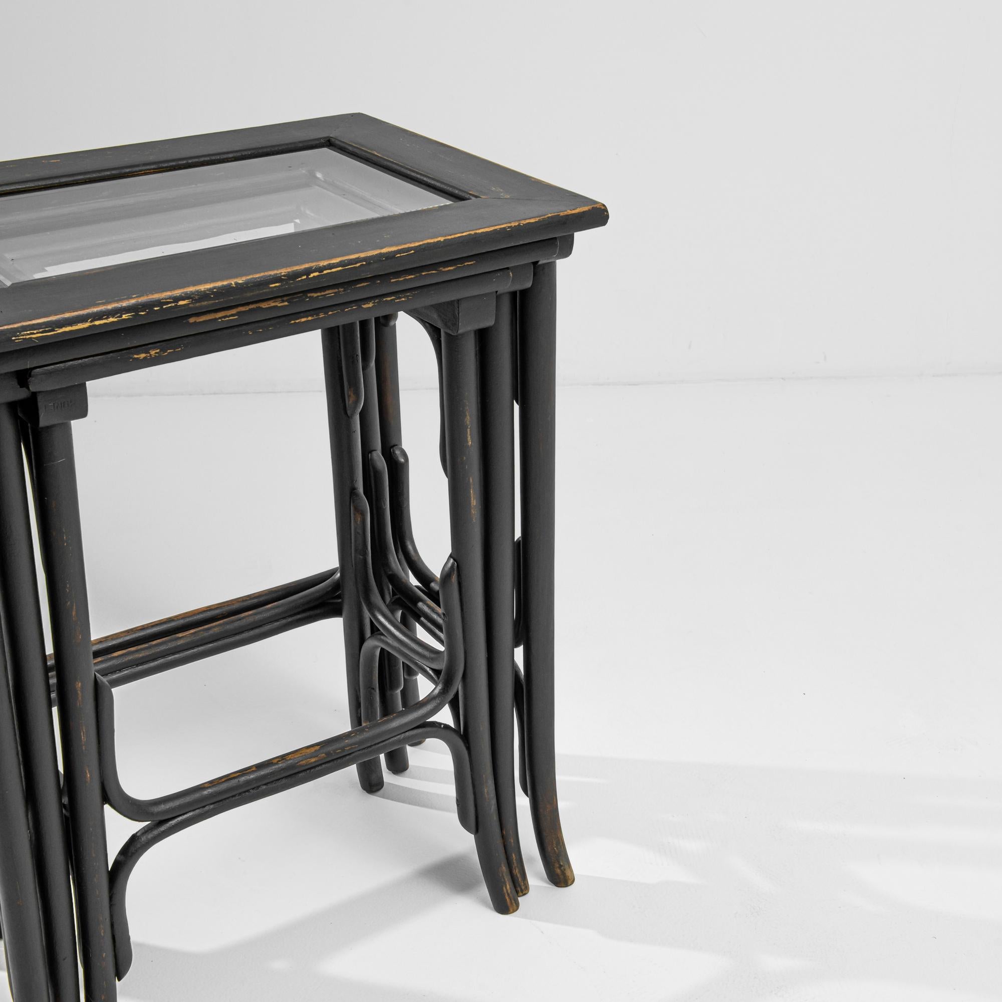 Czech 1920s Central European Wooden Nesting Table with Glass Top