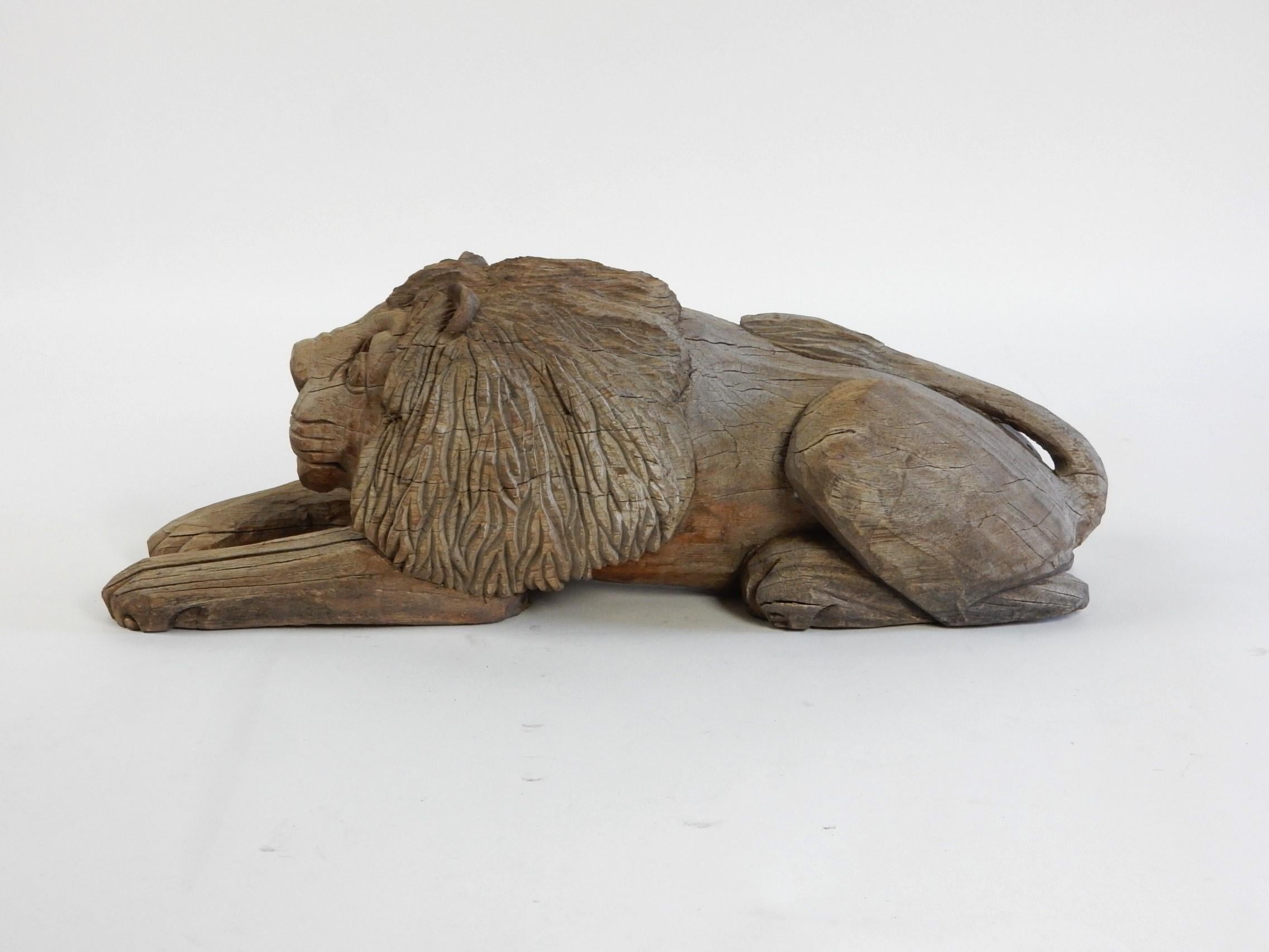 Unknown 1920's Century Carved Laying Lion Guardian Folk Art Wood Sculpture