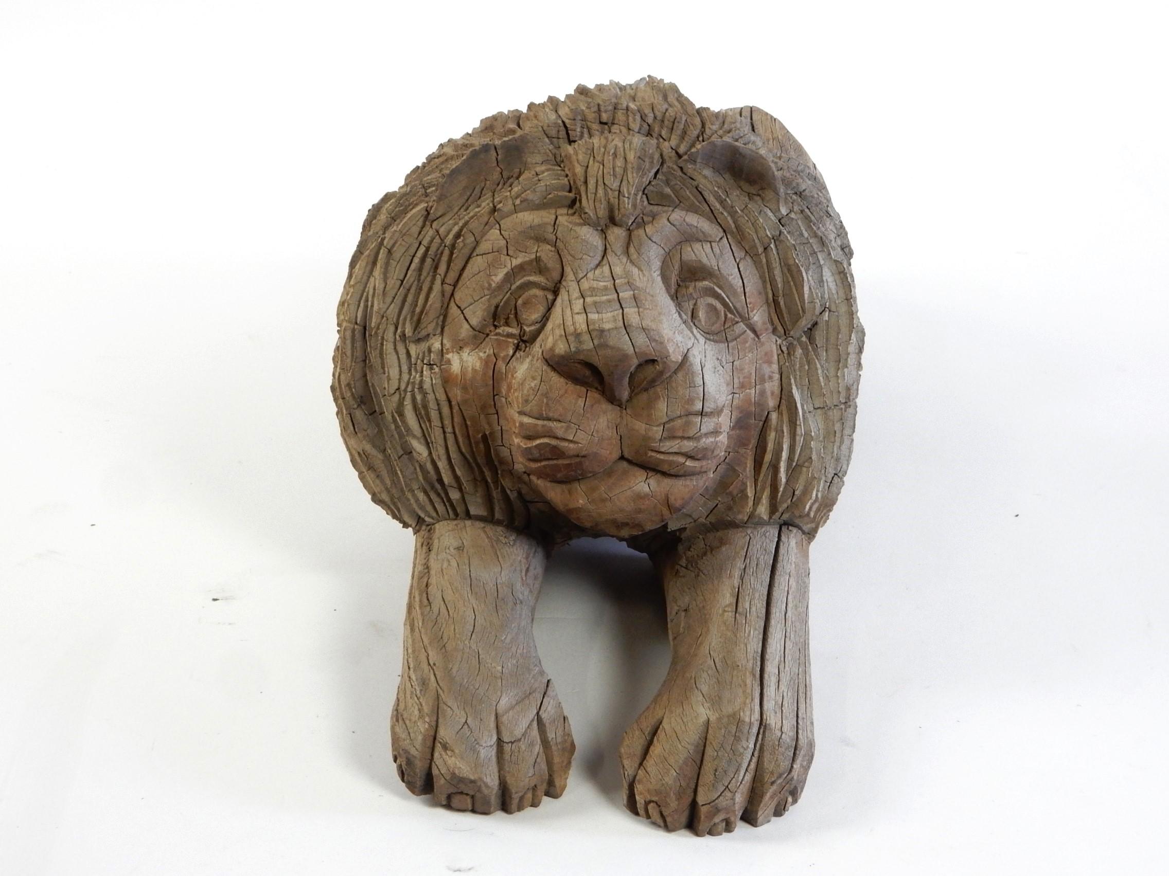 20th Century 1920's Century Carved Laying Lion Guardian Folk Art Wood Sculpture