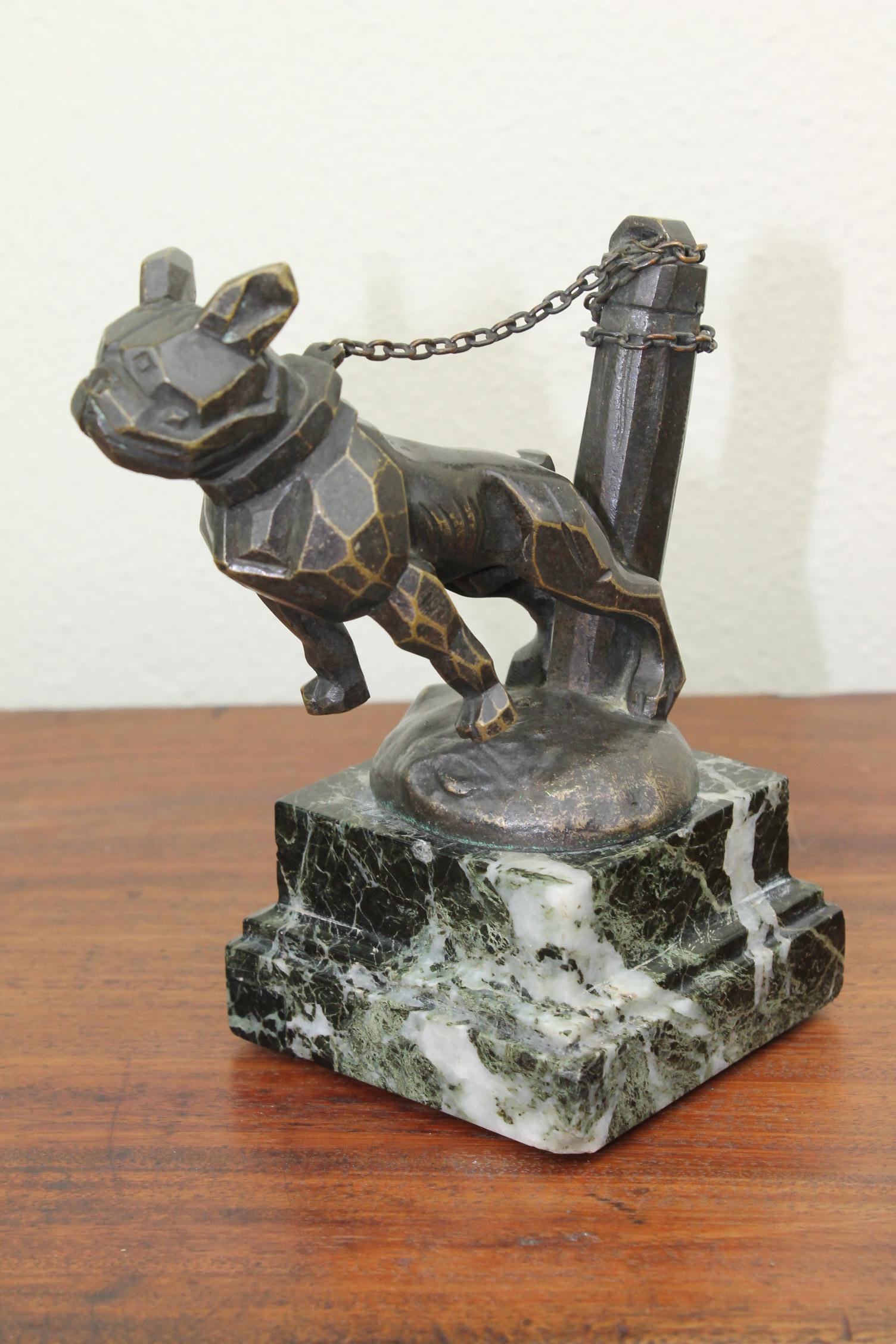 1920s Chained French Bulldog Radiator Car Mascot, Hood Ornament Art Deco In Good Condition In Antwerp, BE