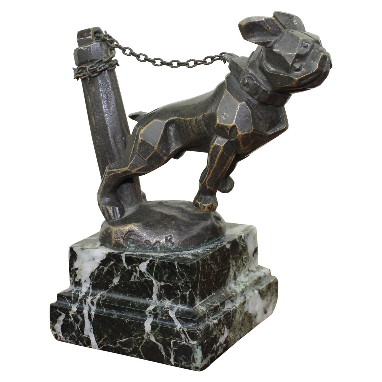 1920s Chained French Bulldog Radiator Car Mascot, Hood Ornament Art Deco
