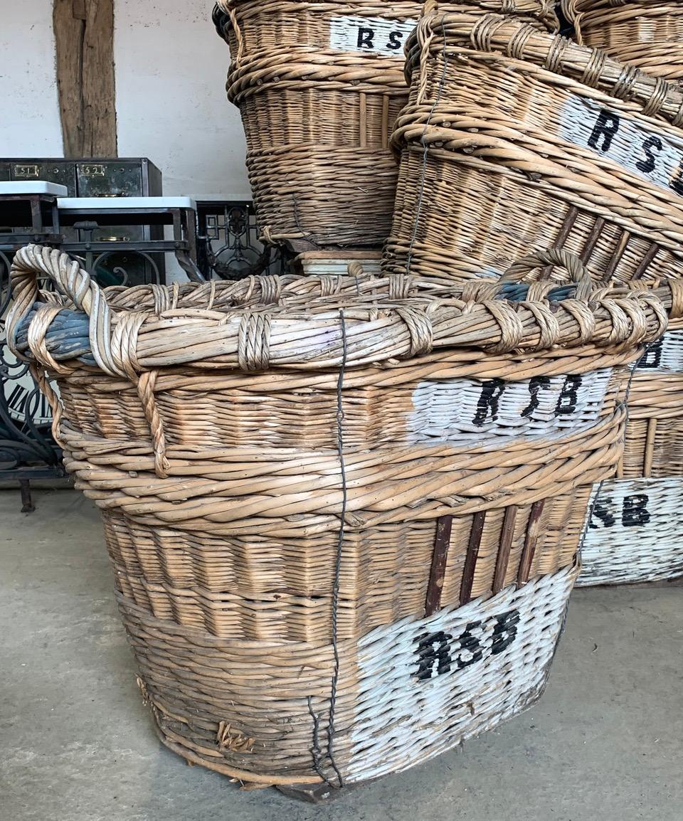 Beautiful Champagne harvesting baskets from Reims in France. These were used to collect the grapes during the harvest which were then made into Champagne. 
The paint markings are the markings of the vineyard so they knew who the basket belonged to.
