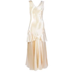 1920s Champagne Satin Wedding Gown Sleeveless Silk Dress