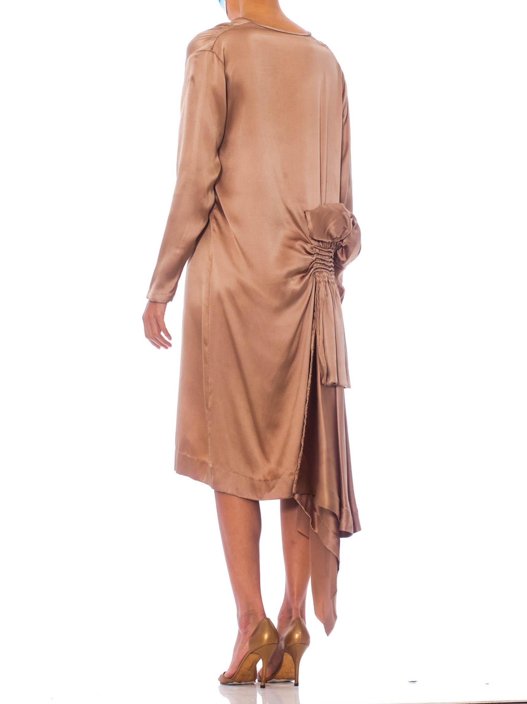 Brown 1920S Champagne Silk Crepe Back Satin  Low V Neck Dress With Sleeves For Sale